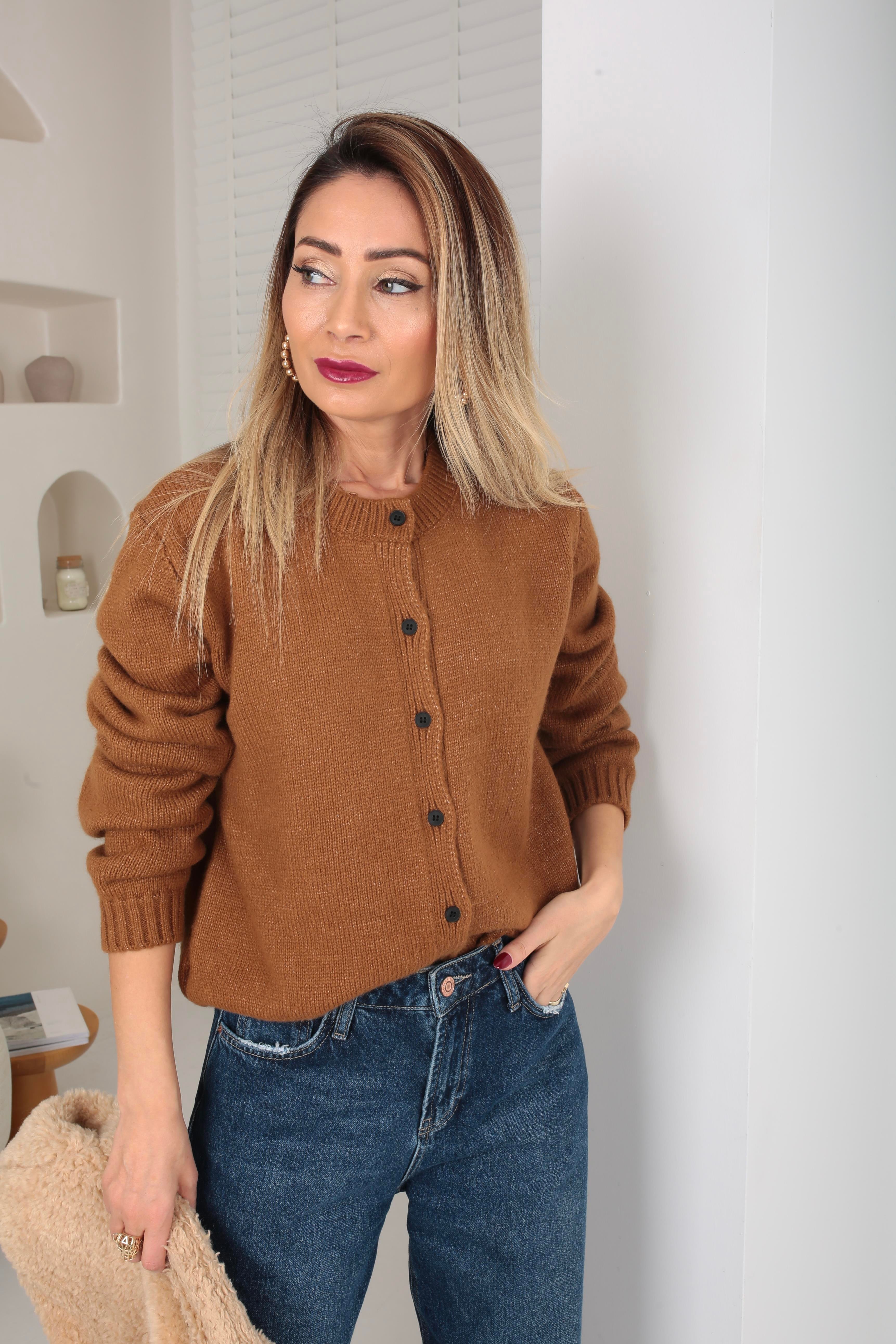 Bisiklet Yaka Küçük Düğmeli Camel Hırka HIRKA