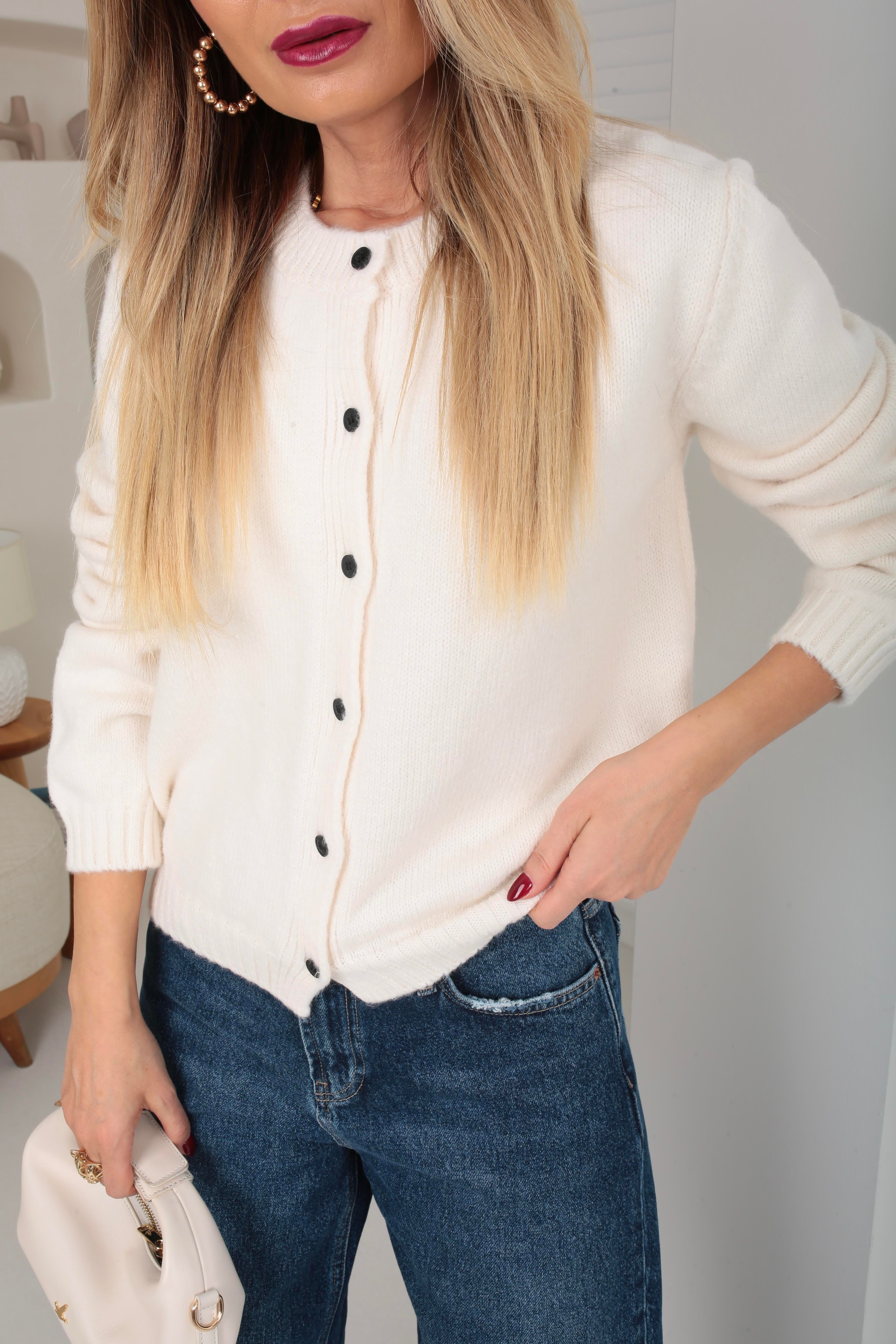 Bisiklet Yaka Küçük Düğmeli Ekru Hırka HIRKA