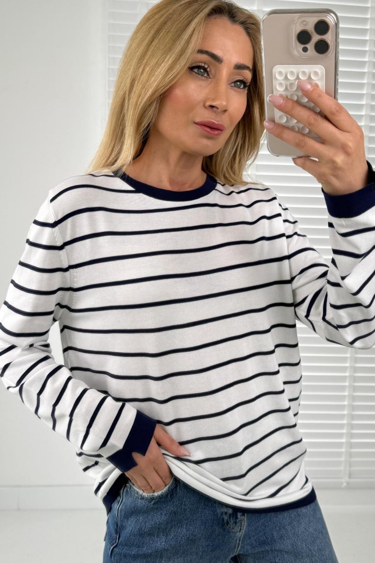 Bisiklet Yaka Lacivert Çizgili Mevsimlik Triko TRİKO VE KAZAK