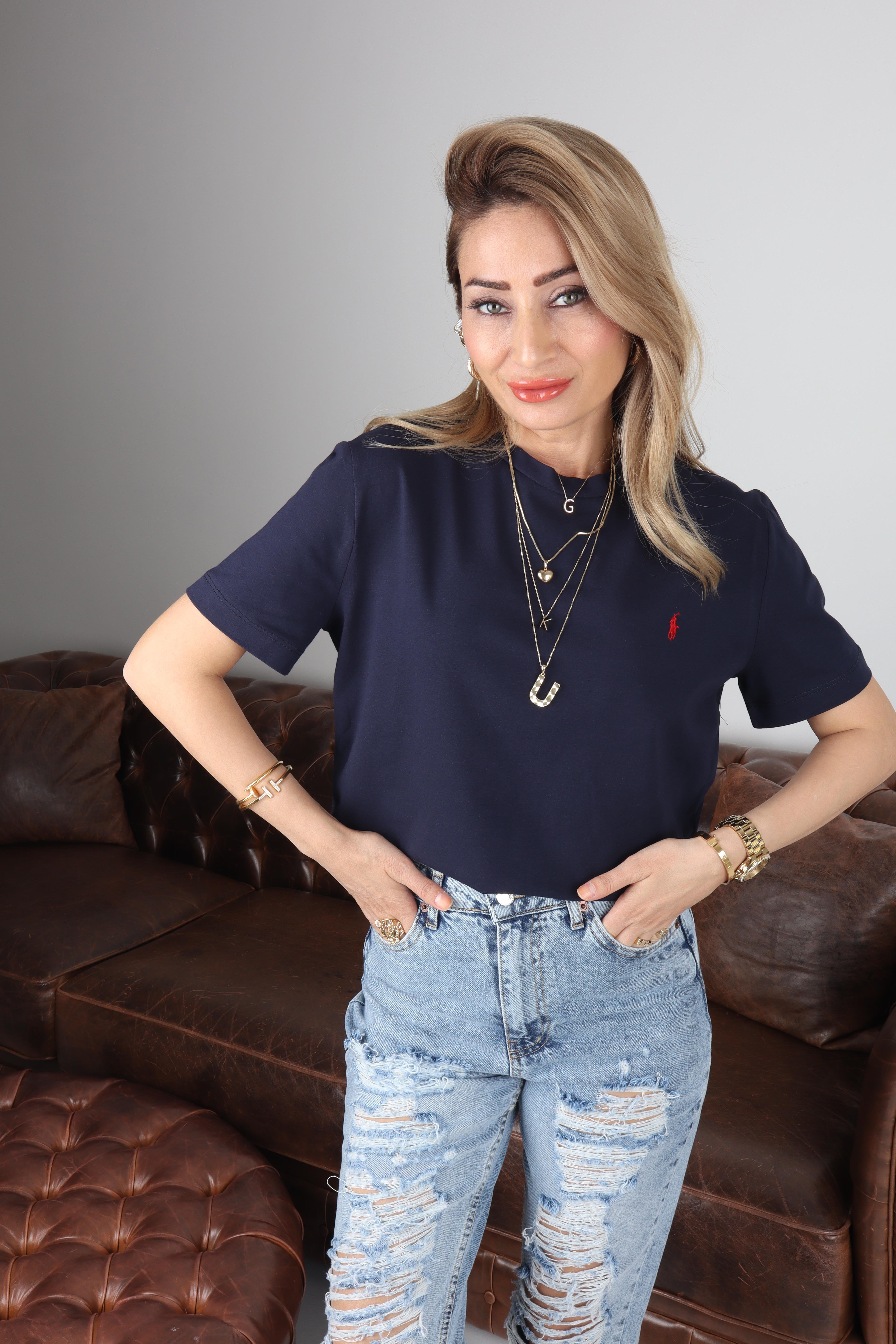 Bisiklet Yaka Nakışlı Lacivert  Basic Tshirt T-SHİRT