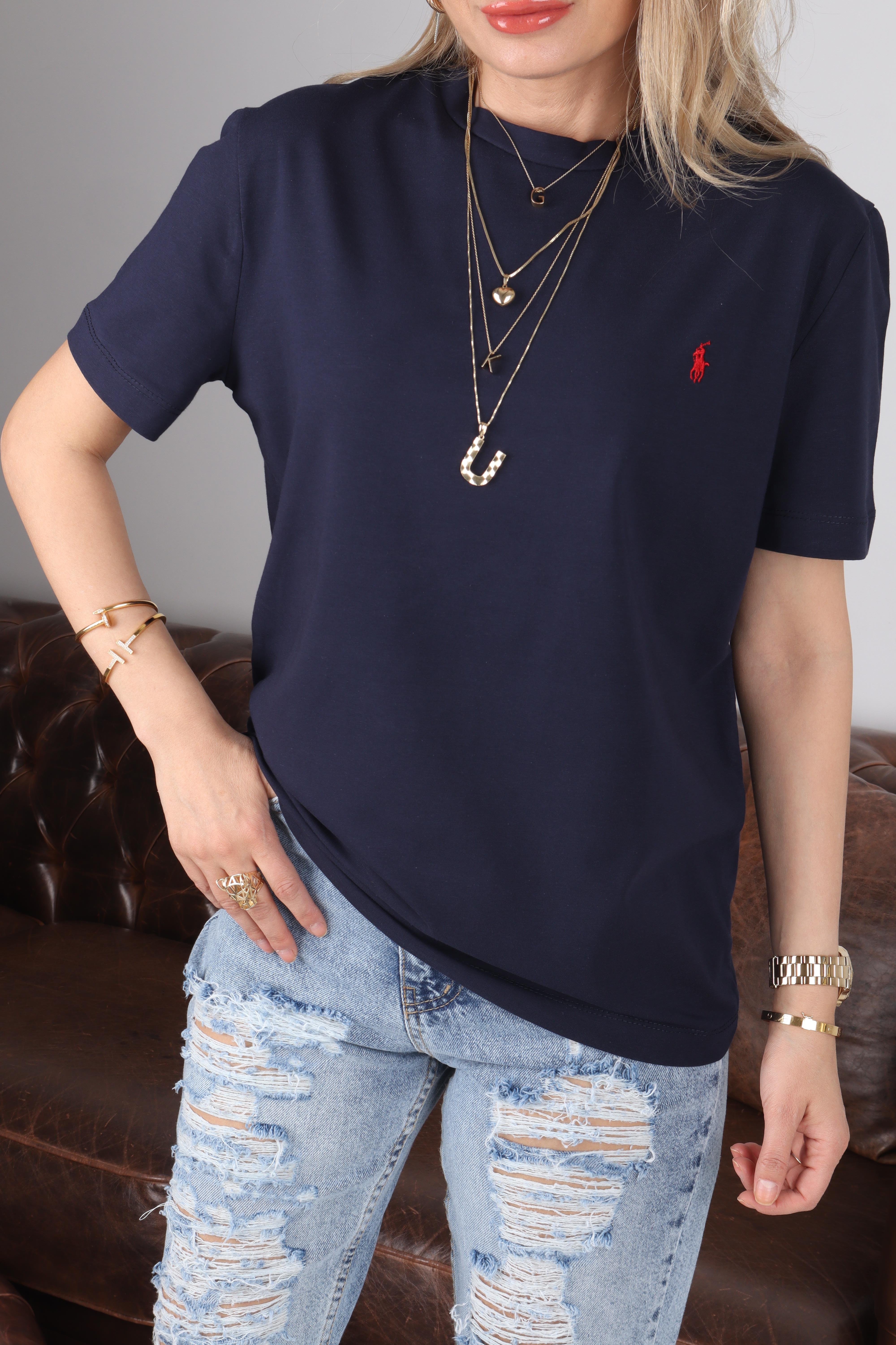 Bisiklet Yaka Nakışlı Lacivert  Basic Tshirt T-SHİRT