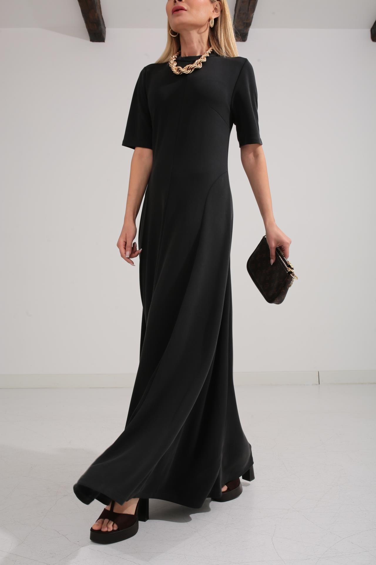 Bisiklet Yaka Parçalı Kaşkorse Füme Elbise ELBİSE