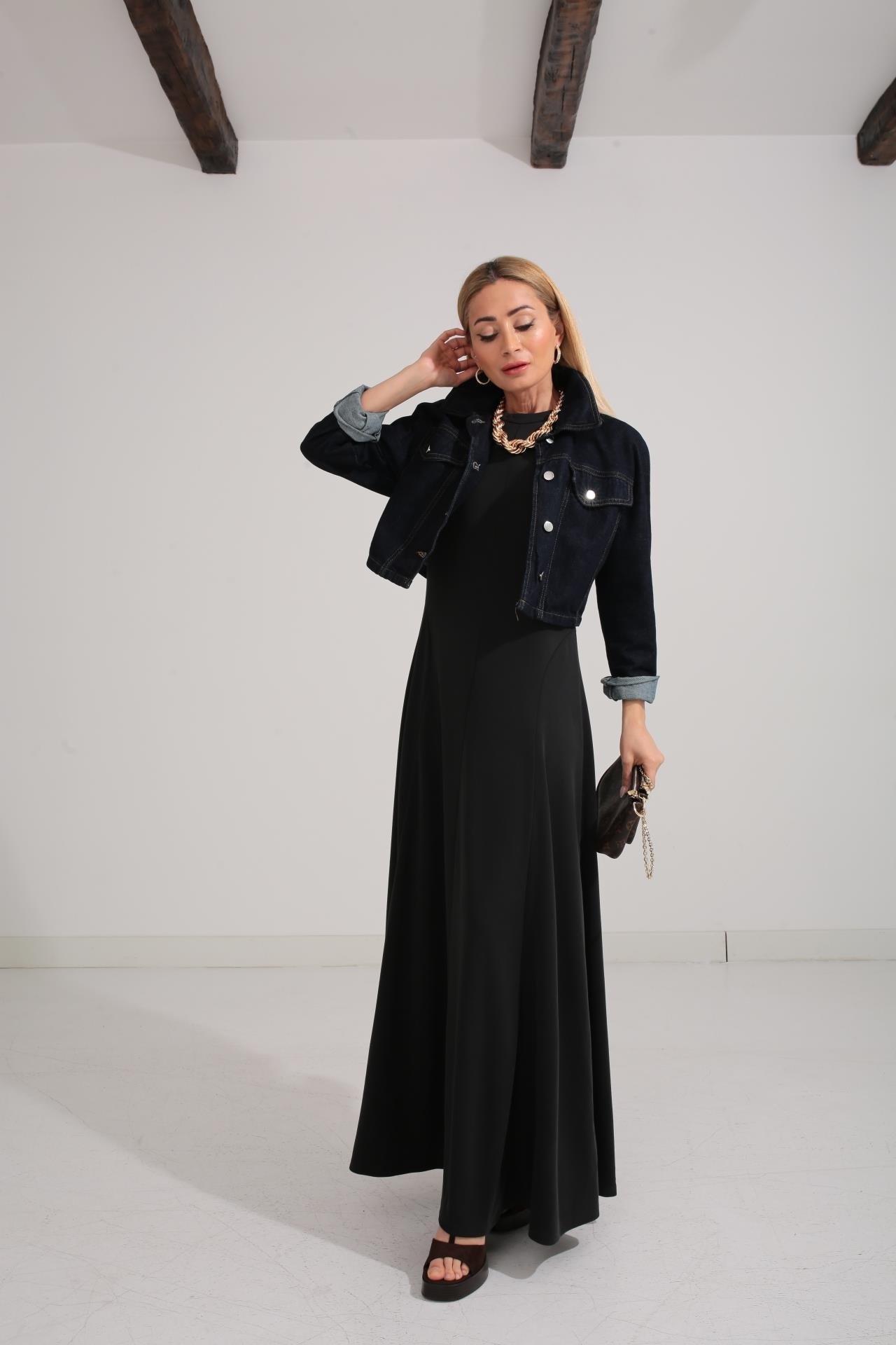 Bisiklet Yaka Parçalı Kaşkorse Füme Elbise ELBİSE