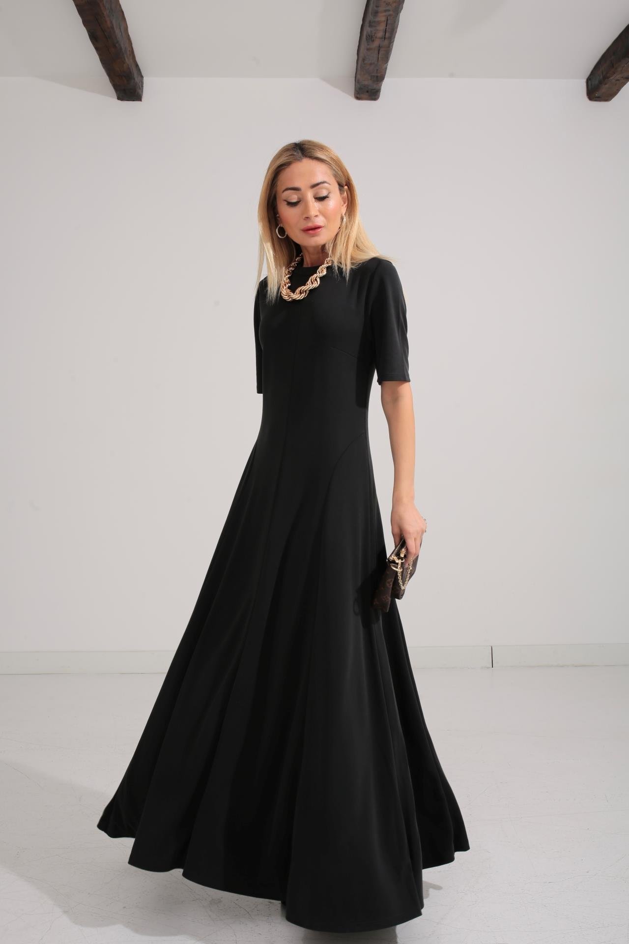 Bisiklet Yaka Parçalı Kaşkorse Füme Elbise ELBİSE