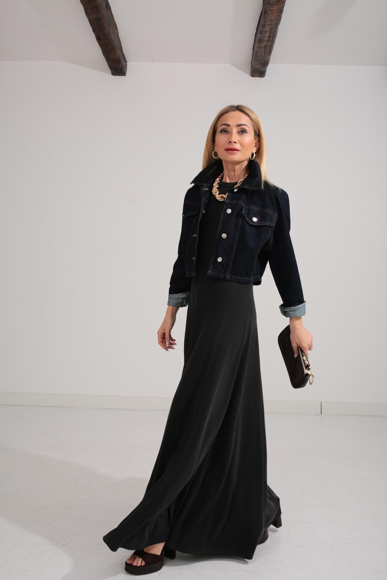 Bisiklet Yaka Parçalı Kaşkorse Füme Elbise ELBİSE