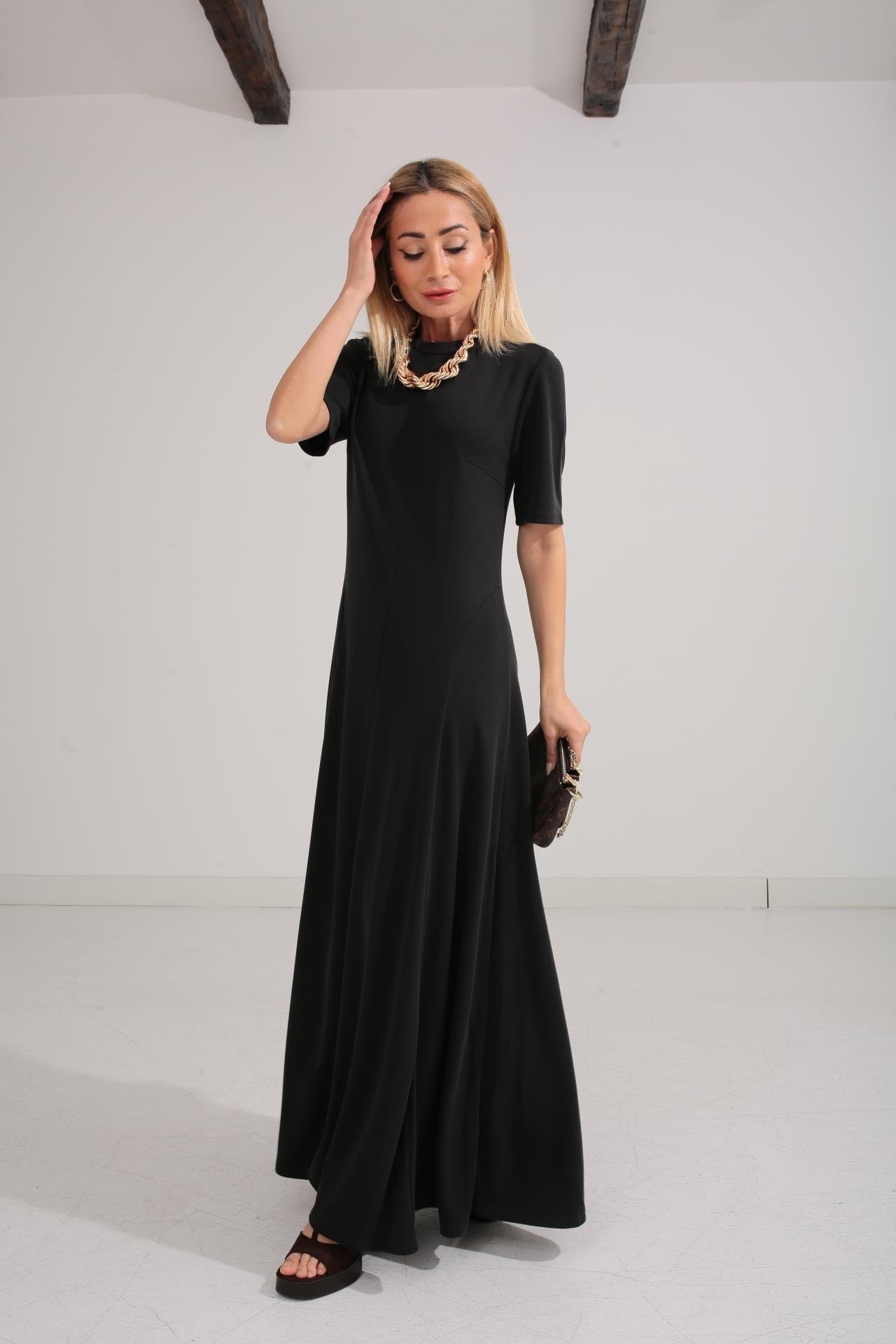 Bisiklet Yaka Parçalı Kaşkorse Füme Elbise ELBİSE