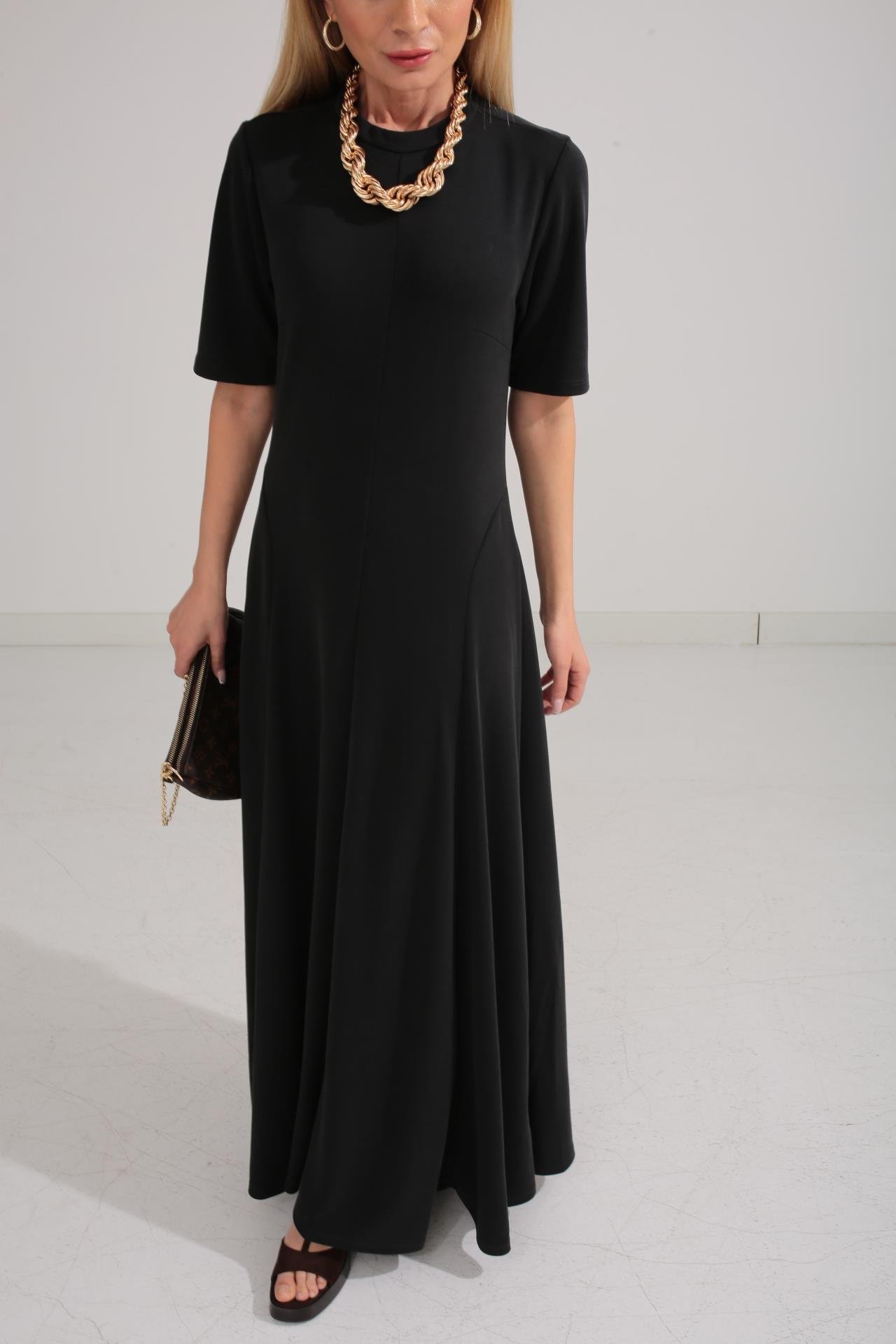 Bisiklet Yaka Parçalı Kaşkorse Füme Elbise ELBİSE