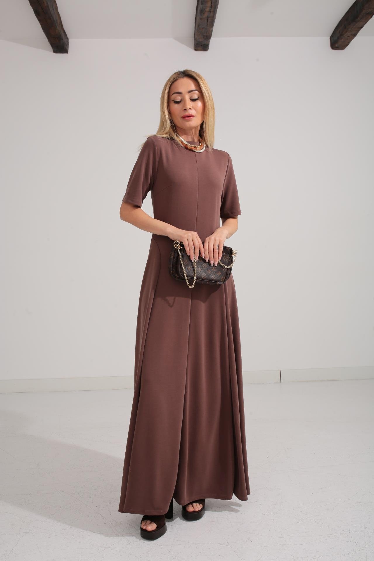 Bisiklet Yaka Parçalı Kaşkorse Kahve Elbise ELBİSE