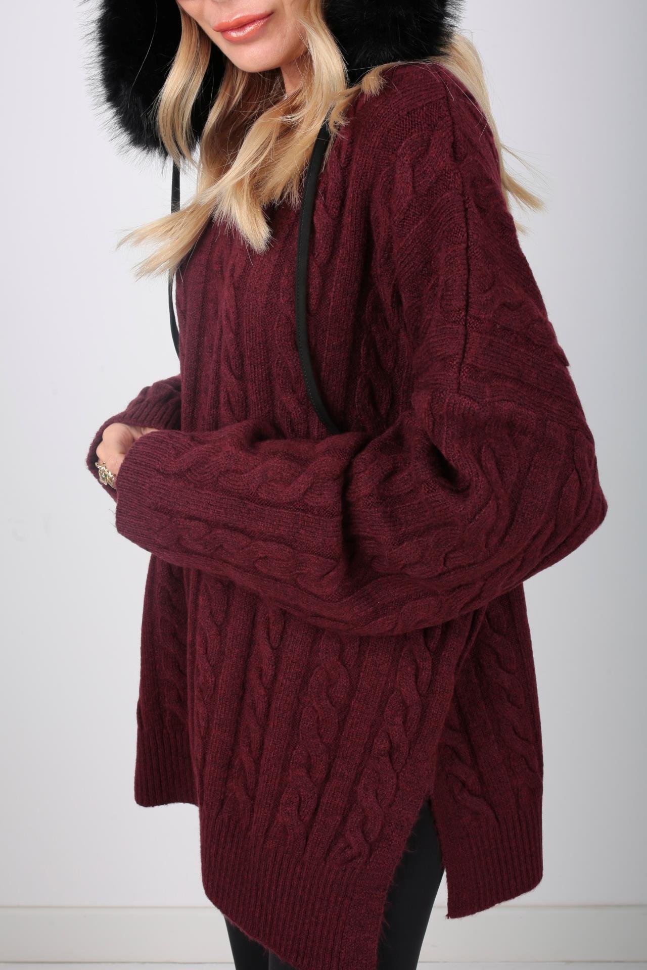 Bisiklet Yaka Saç Örgülü Bordo Kazak TRİKO VE KAZAK