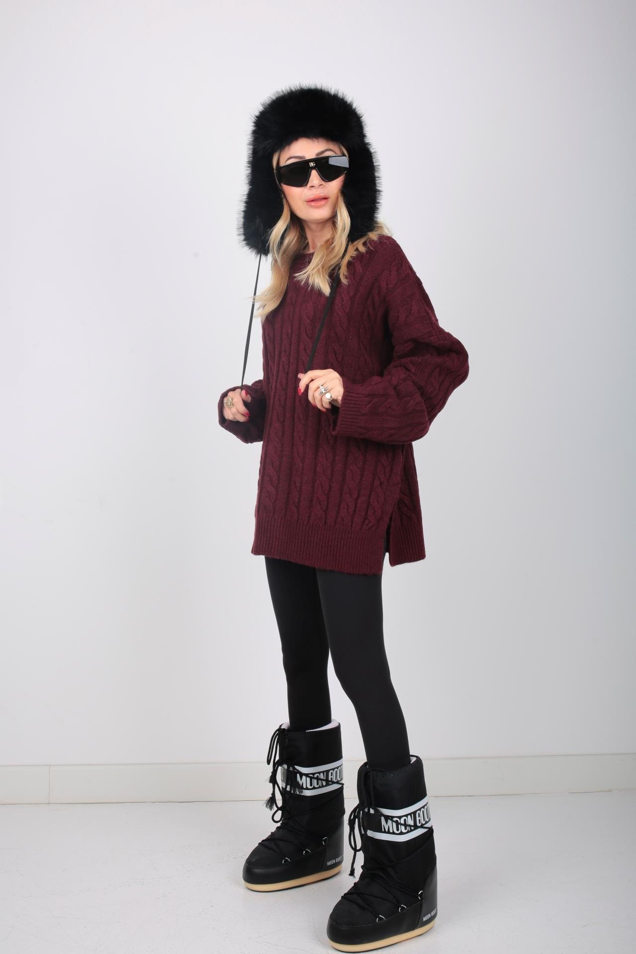 Bisiklet Yaka Saç Örgülü Bordo Kazak TRİKO VE KAZAK