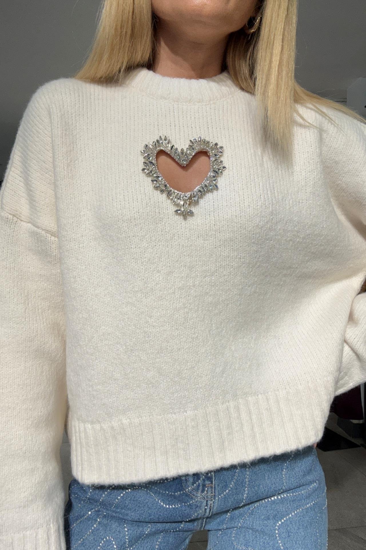 Bisiklet Yaka Taş İşli Ekru Basic Kazak TRİKO VE KAZAK