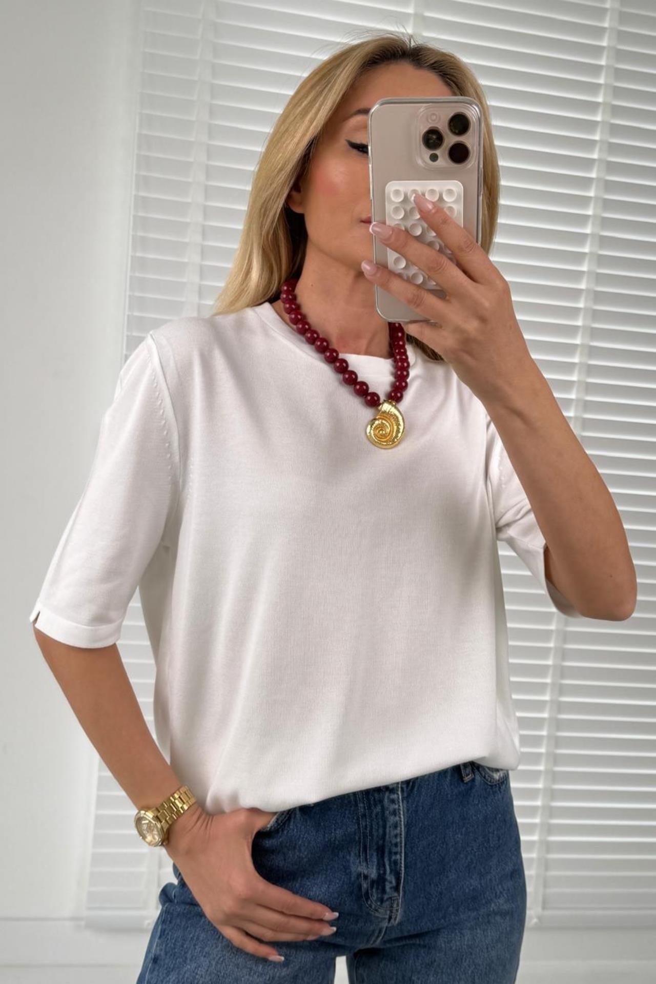 Bisiklet Yaka Yarım Kol Ekru Triko TRİKO VE KAZAK