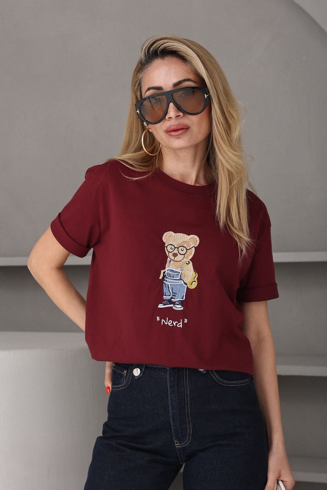 Bordo Ayıcık Nakışlı Basic Tshirt T-SHİRT | NO33