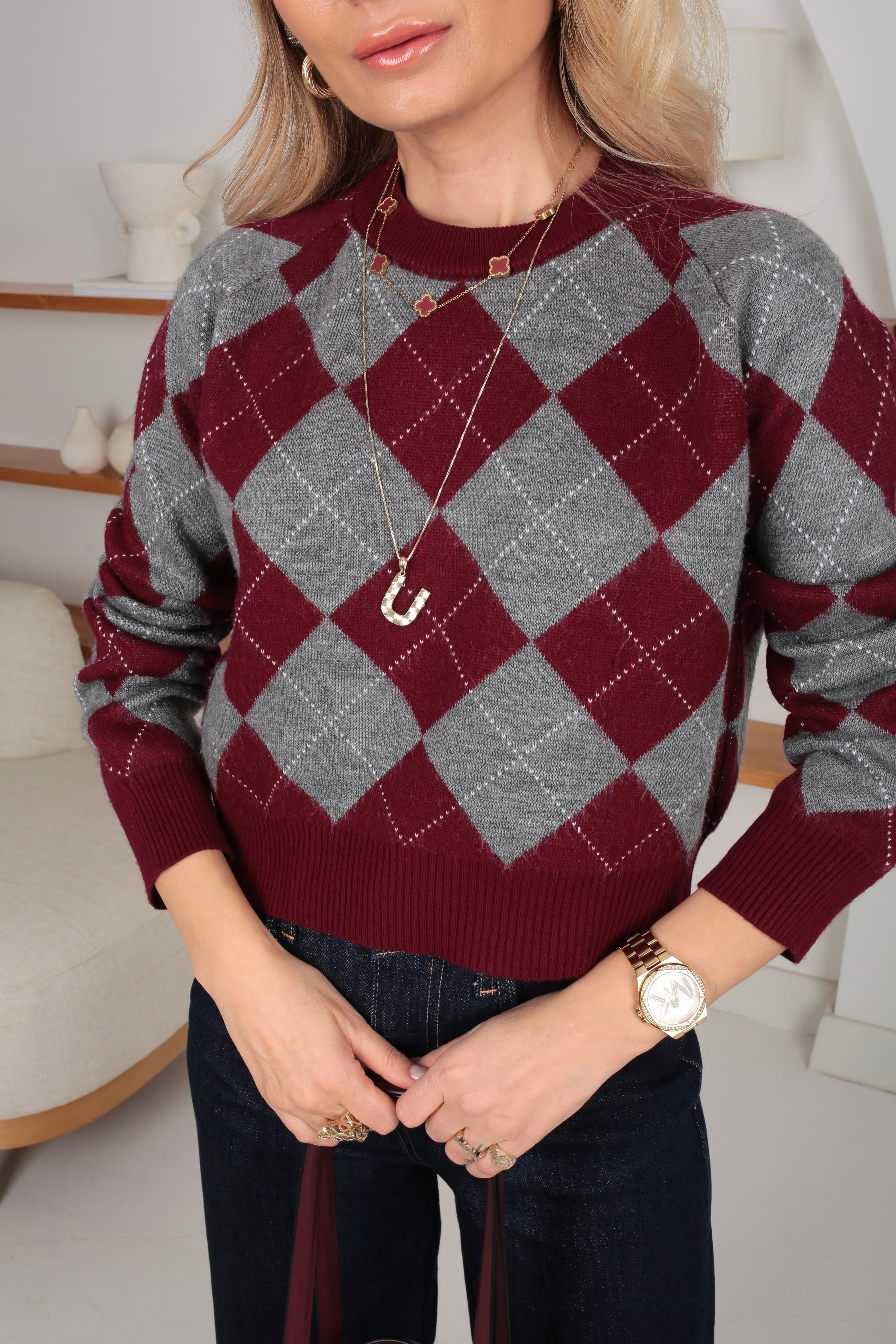 Bordo Baklava Desen Triko Kazak TRİKO VE KAZAK