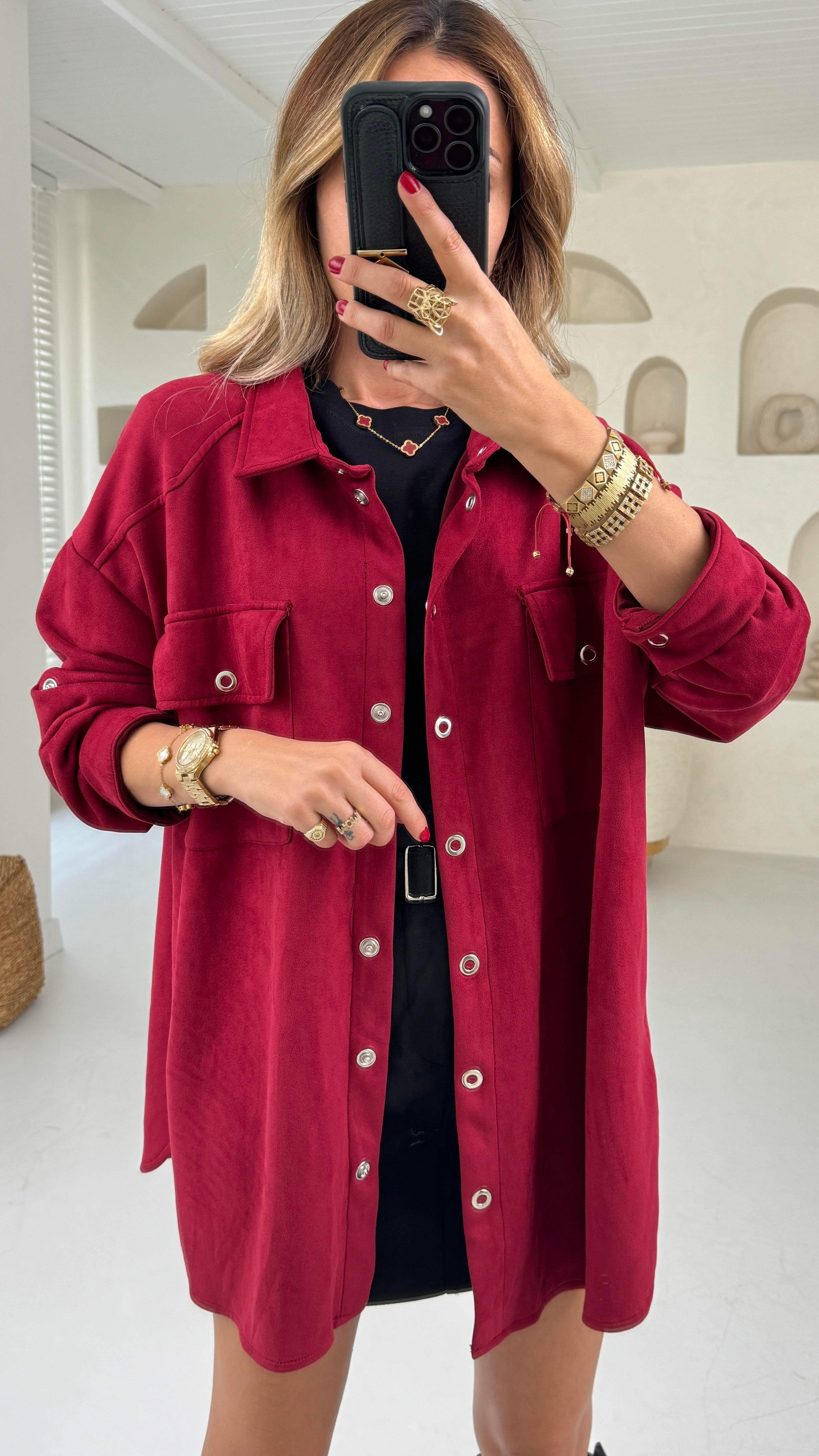 Bordo Çıtçıtlı Nubuk Oversize Gömlek GÖMLEK