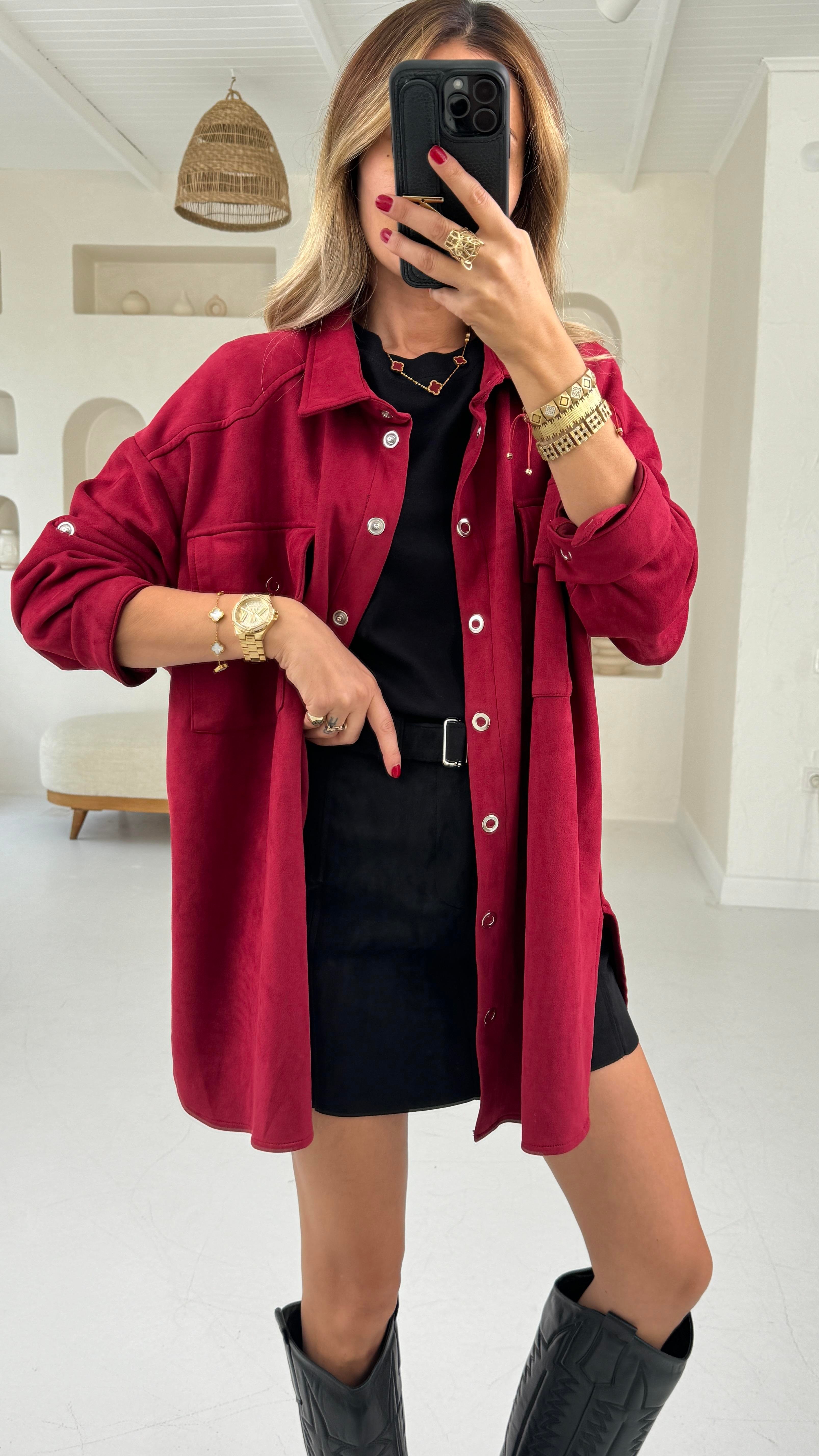 Bordo Çıtçıtlı Nubuk Oversize Gömlek GÖMLEK