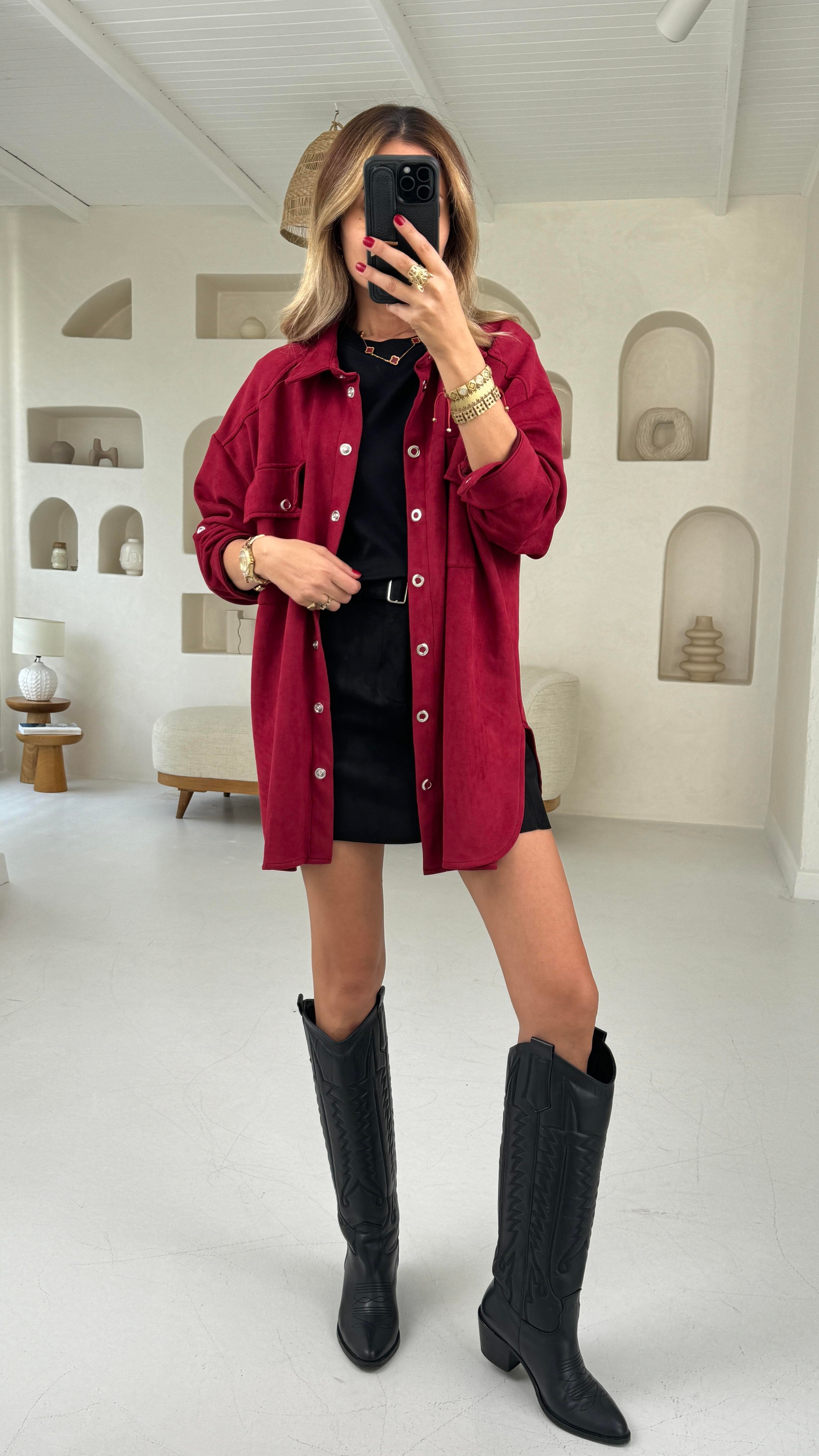 Bordo Çıtçıtlı Nubuk Oversize Gömlek GÖMLEK