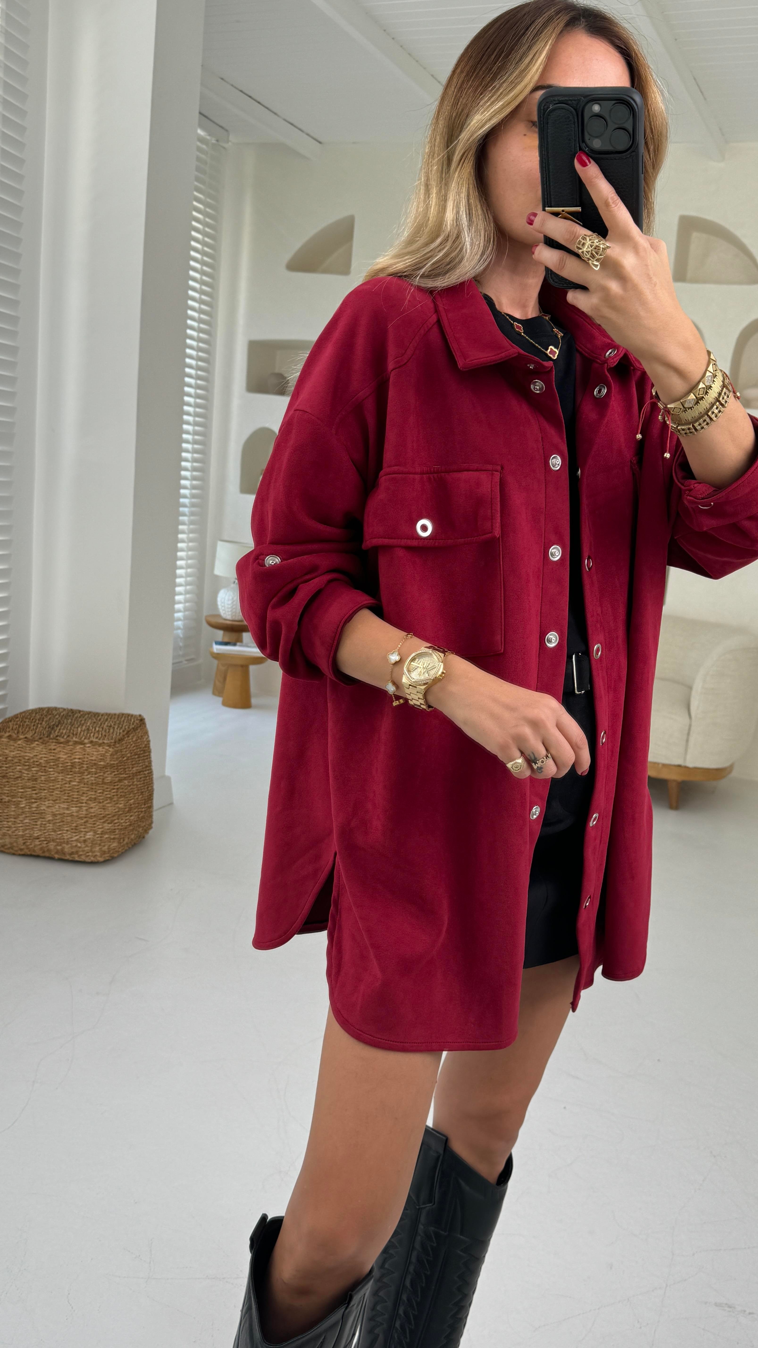Bordo Çıtçıtlı Nubuk Oversize Gömlek GÖMLEK