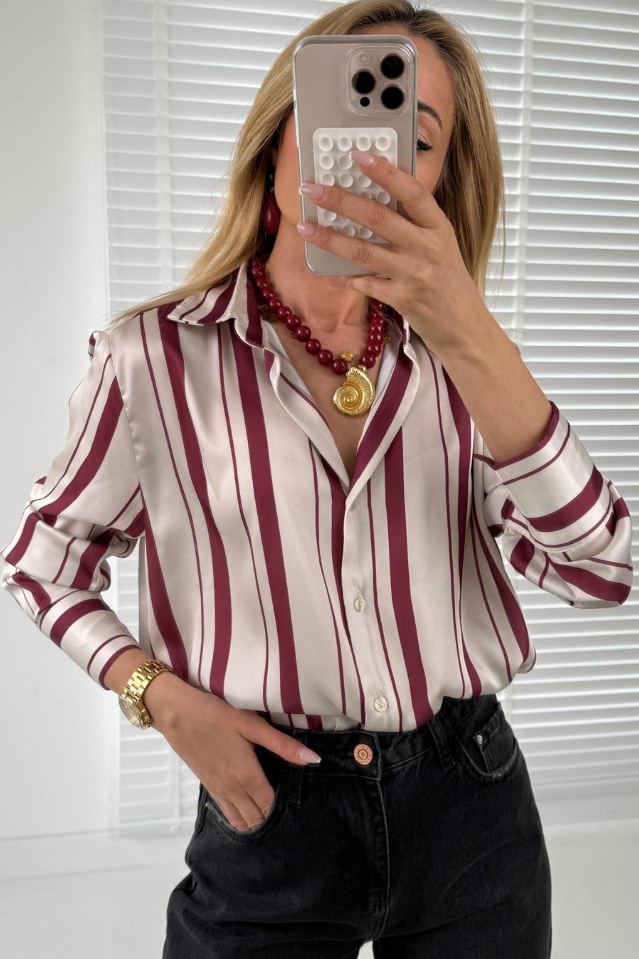 Bordo Çizgili Saten Gömlek GÖMLEK