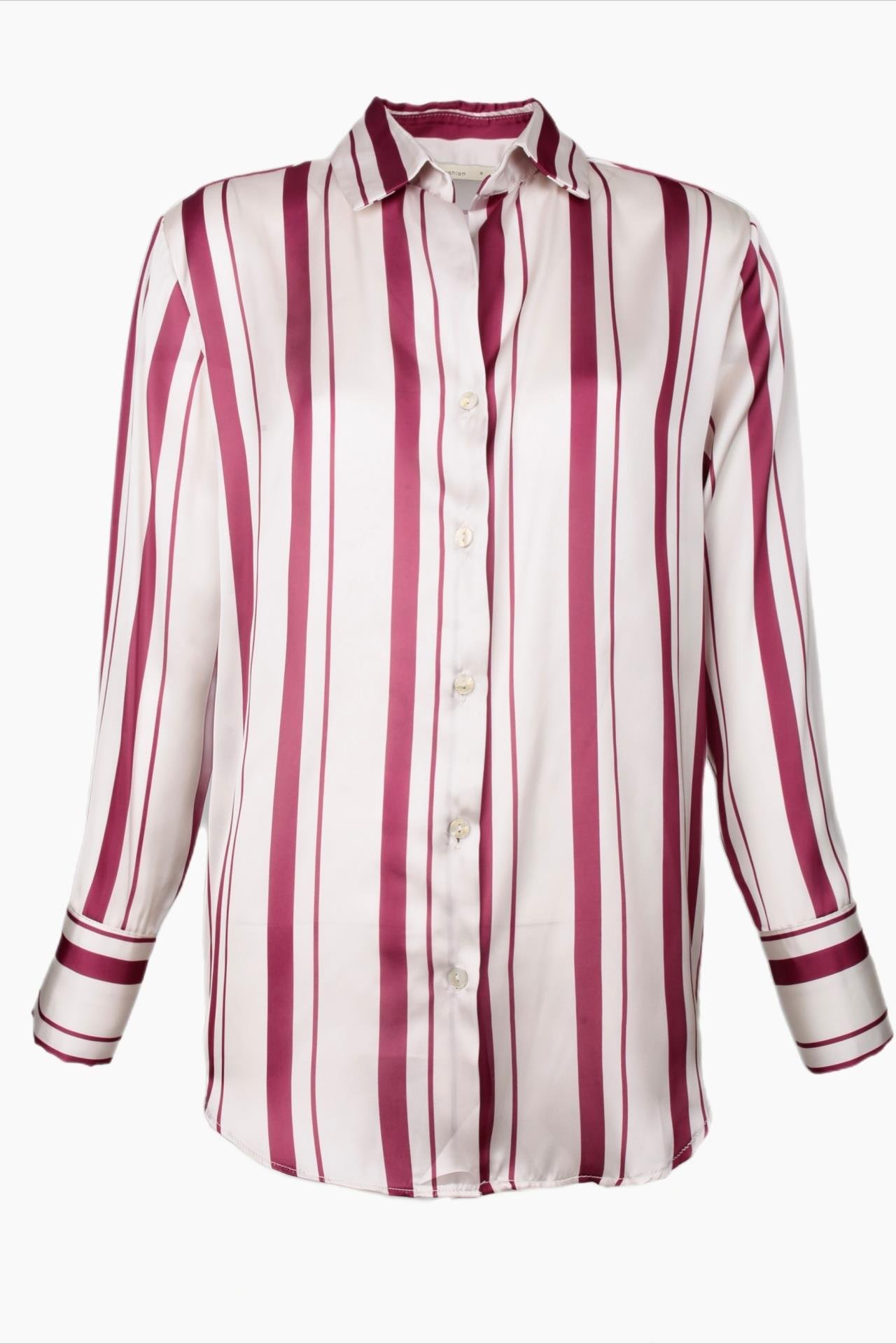 Bordo Çizgili Saten Gömlek GÖMLEK