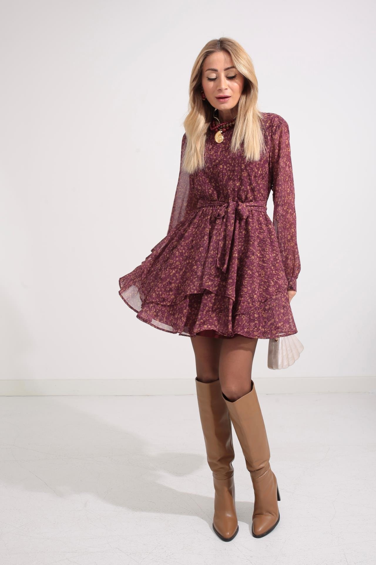 Bordo Desenli Katlı Şifon Elbise ELBİSE