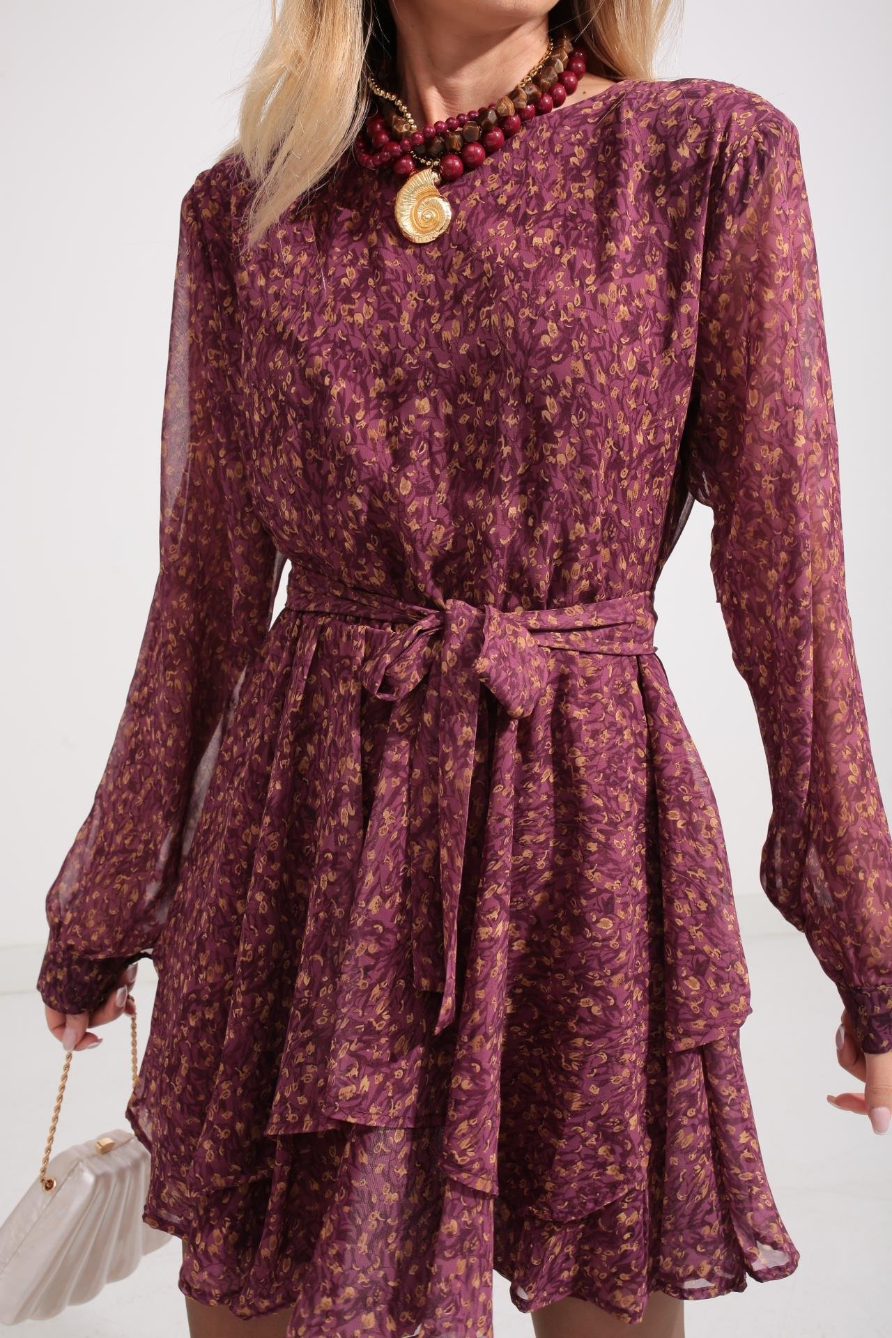 Bordo Desenli Katlı Şifon Elbise ELBİSE