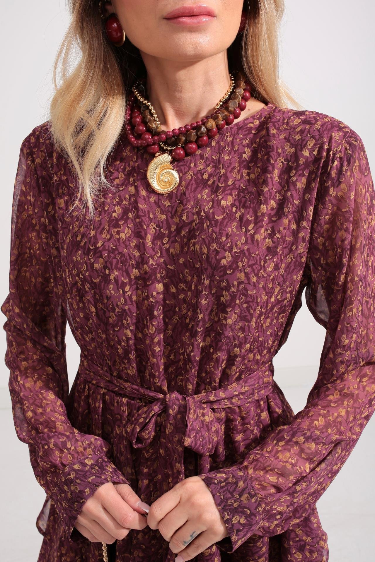 Bordo Desenli Katlı Şifon Elbise ELBİSE