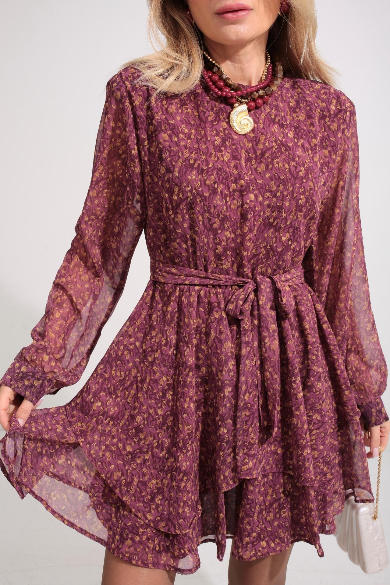 Bordo Desenli Katlı Şifon Elbise ELBİSE