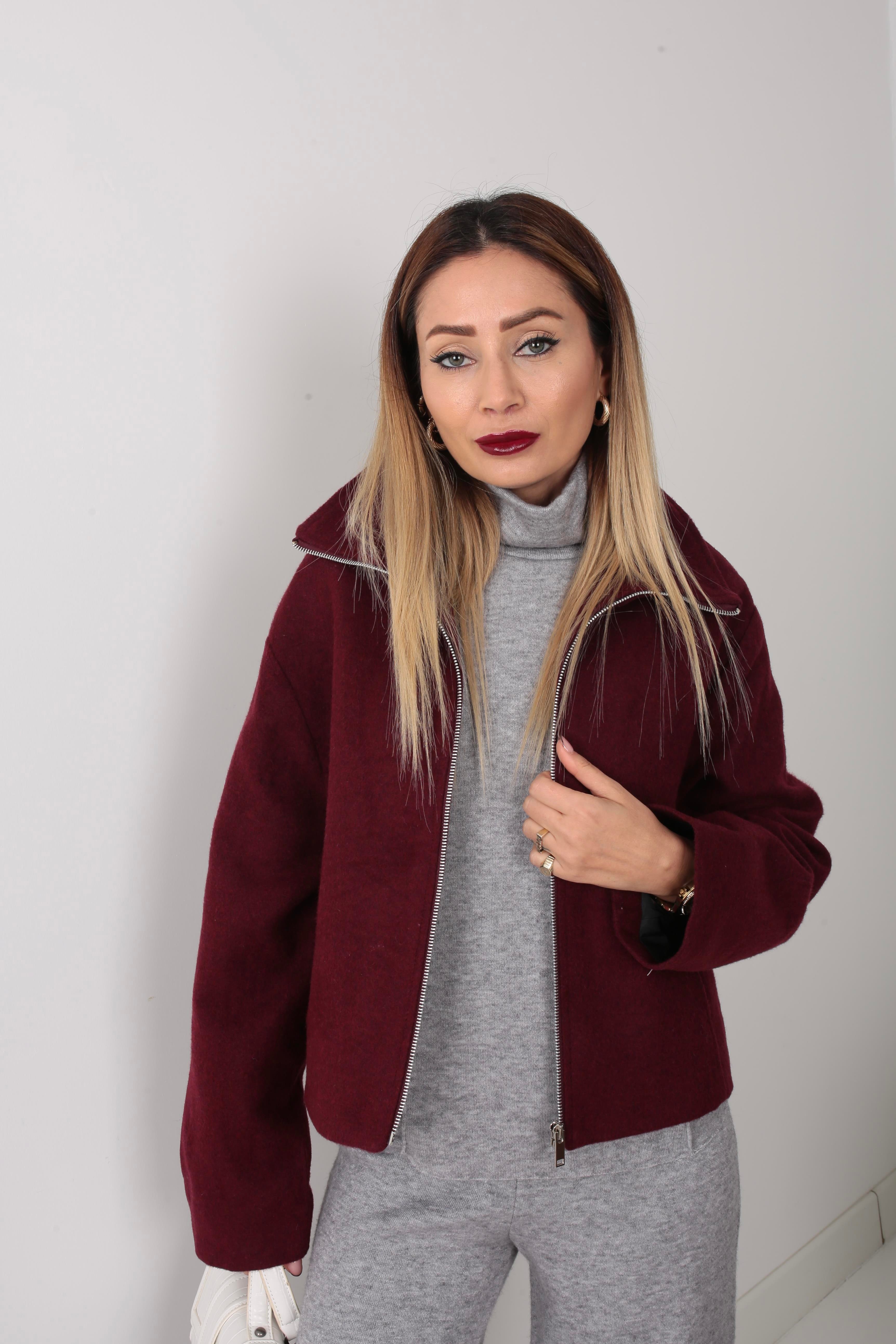 Bordo Dik Yaka Fermuarlı Kısa Kaşe Ceket CEKET