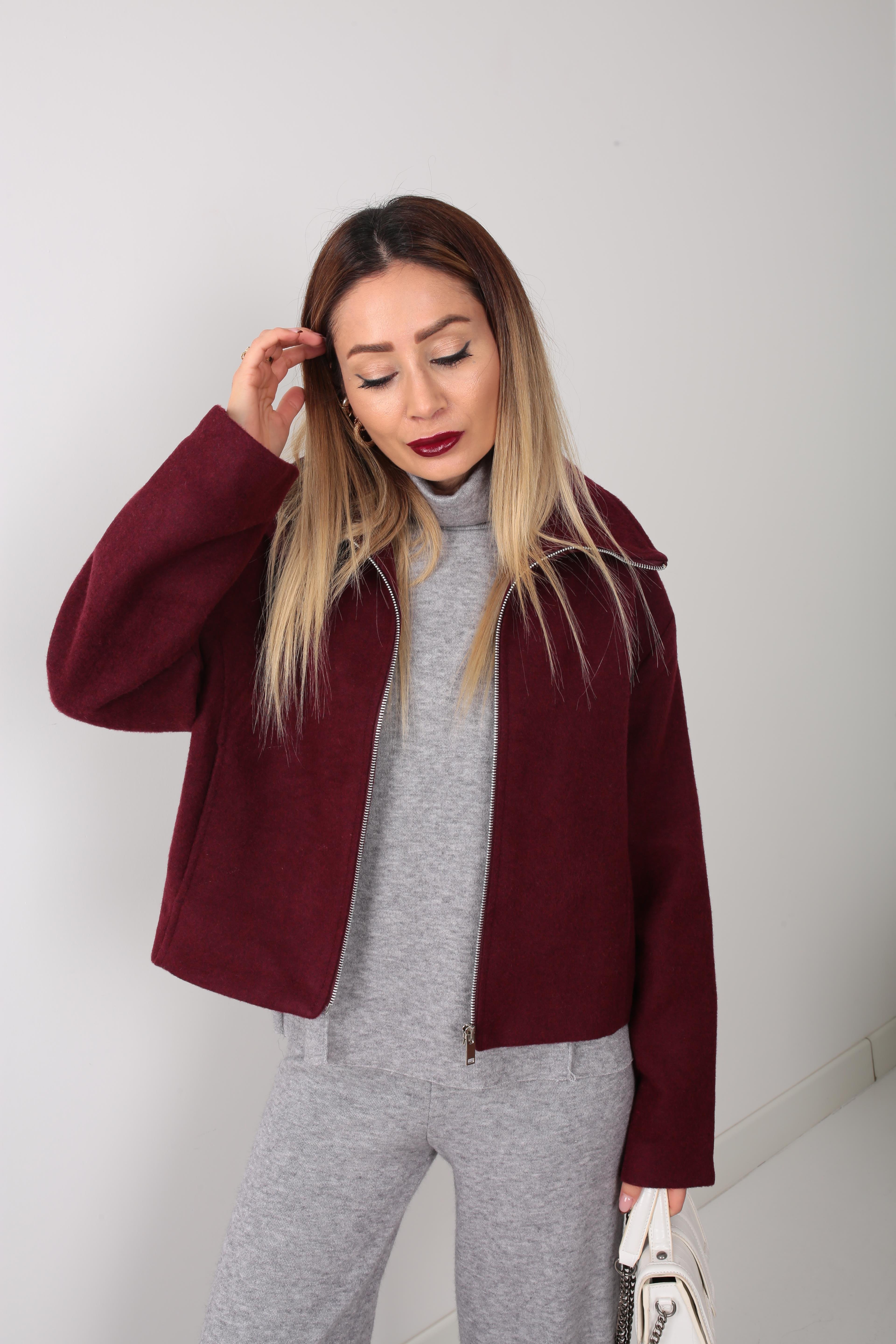 Bordo Dik Yaka Fermuarlı Kısa Kaşe Ceket CEKET