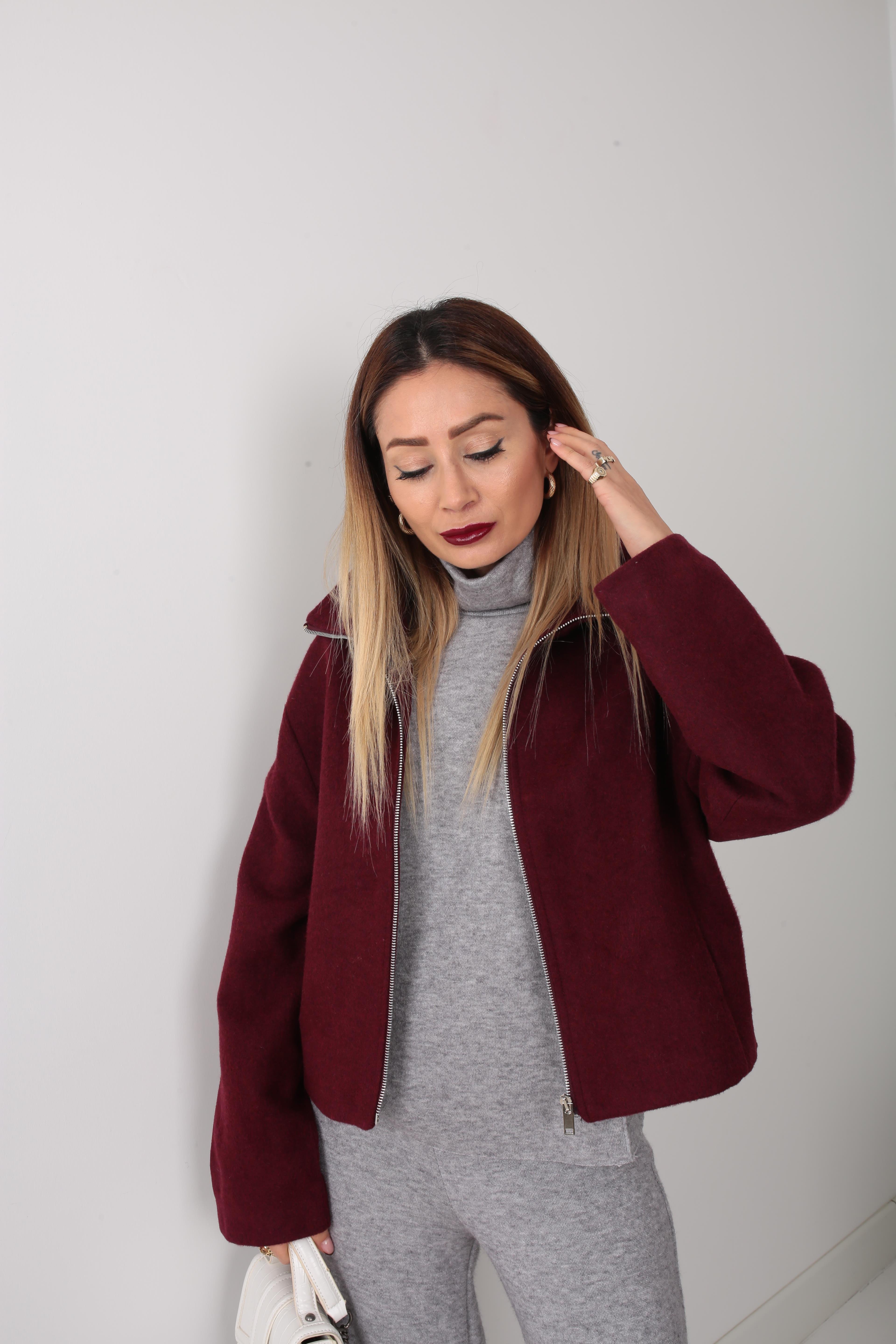 Bordo Dik Yaka Fermuarlı Kısa Kaşe Ceket CEKET