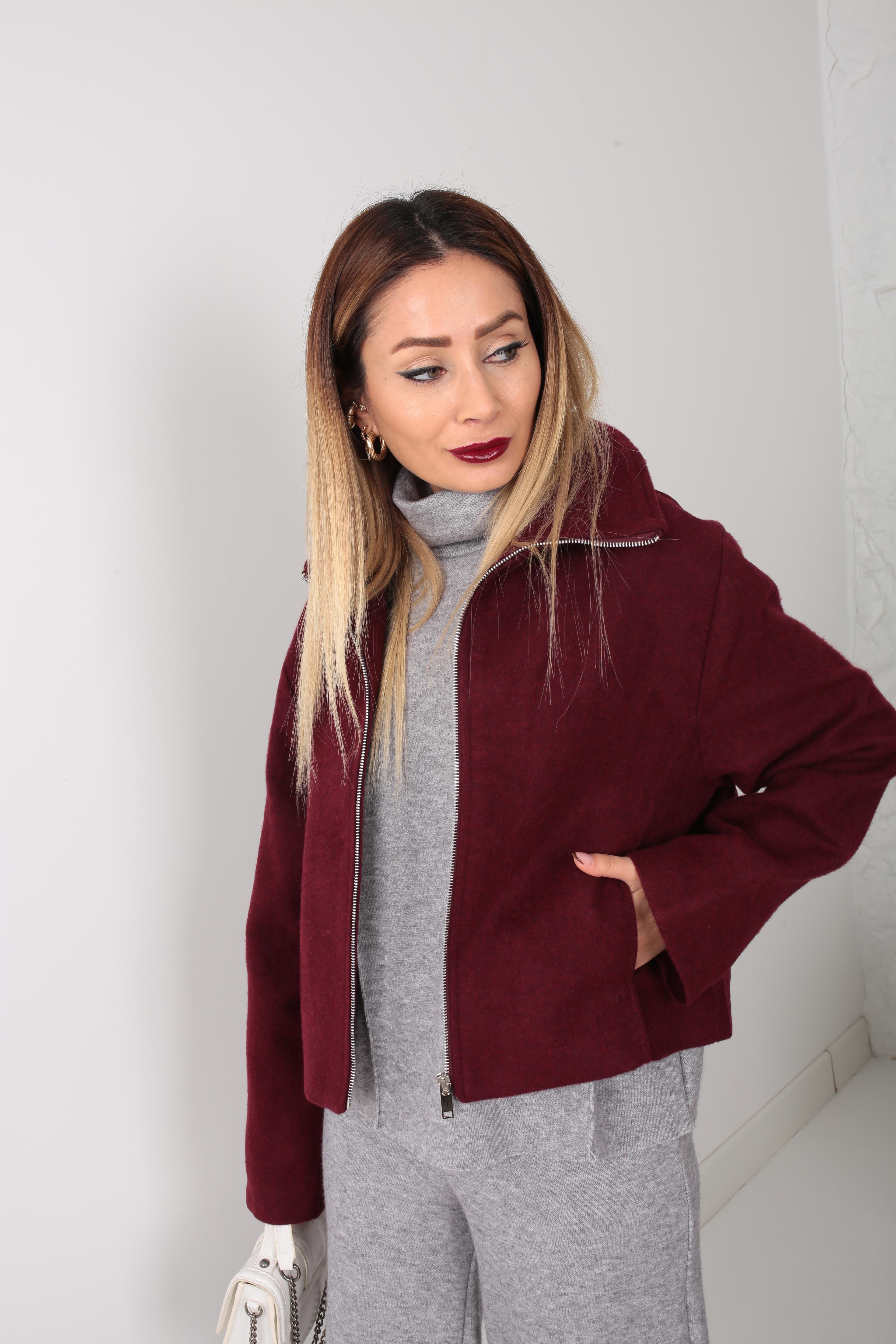 Bordo Dik Yaka Fermuarlı Kısa Kaşe Ceket CEKET