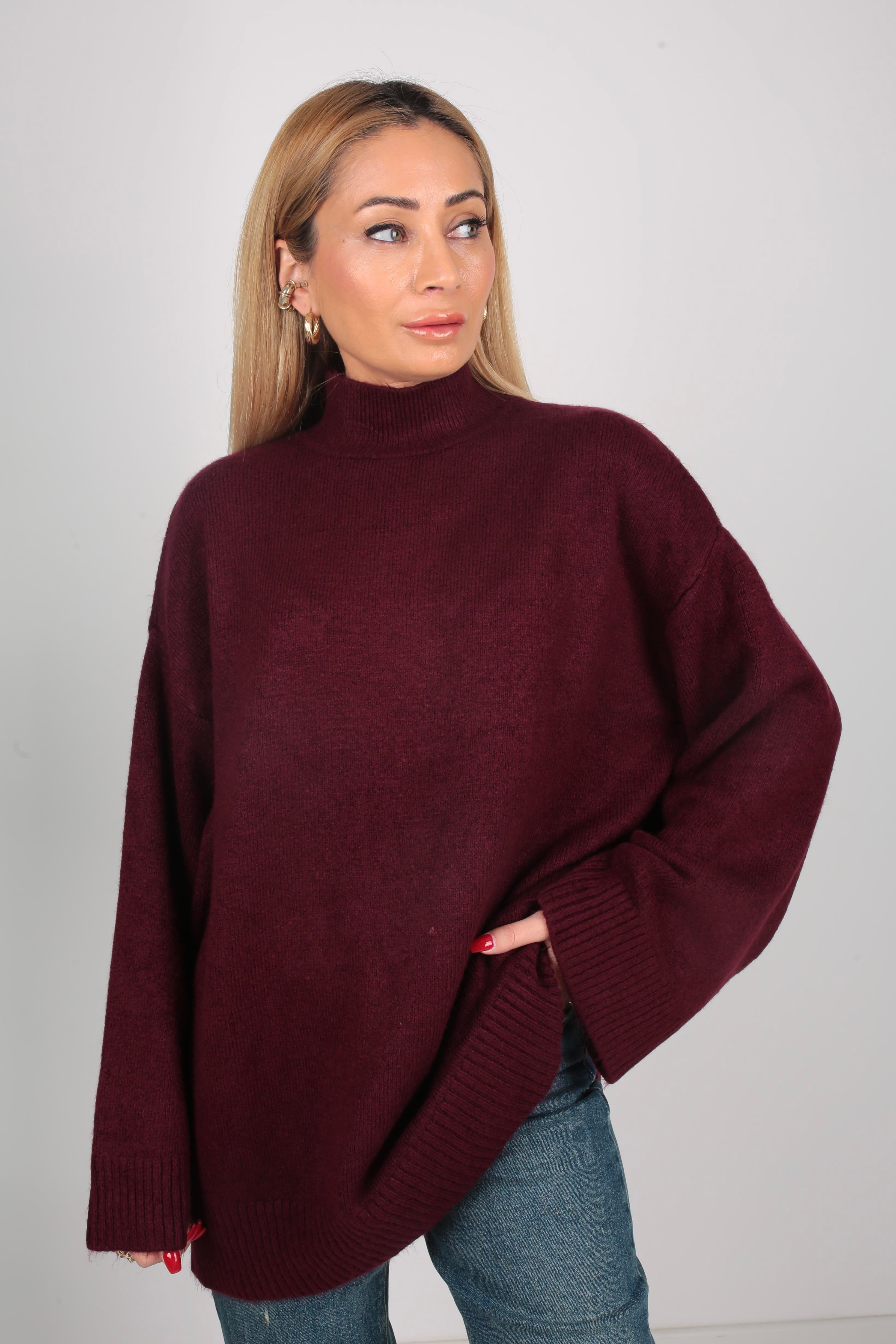 Bordo Dik Yaka Oversize Kazak TRİKO VE KAZAK