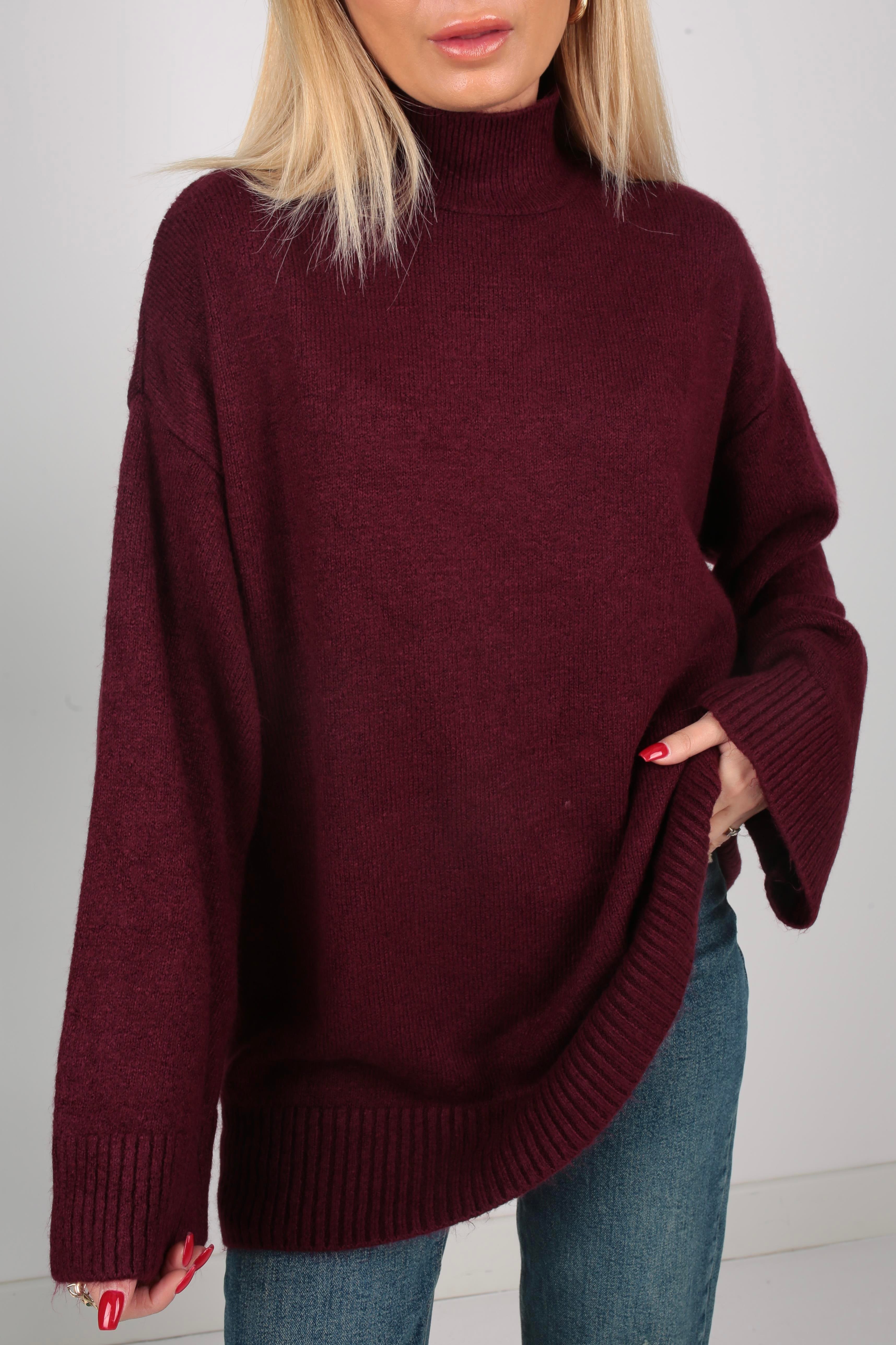 Bordo Dik Yaka Oversize Kazak TRİKO VE KAZAK