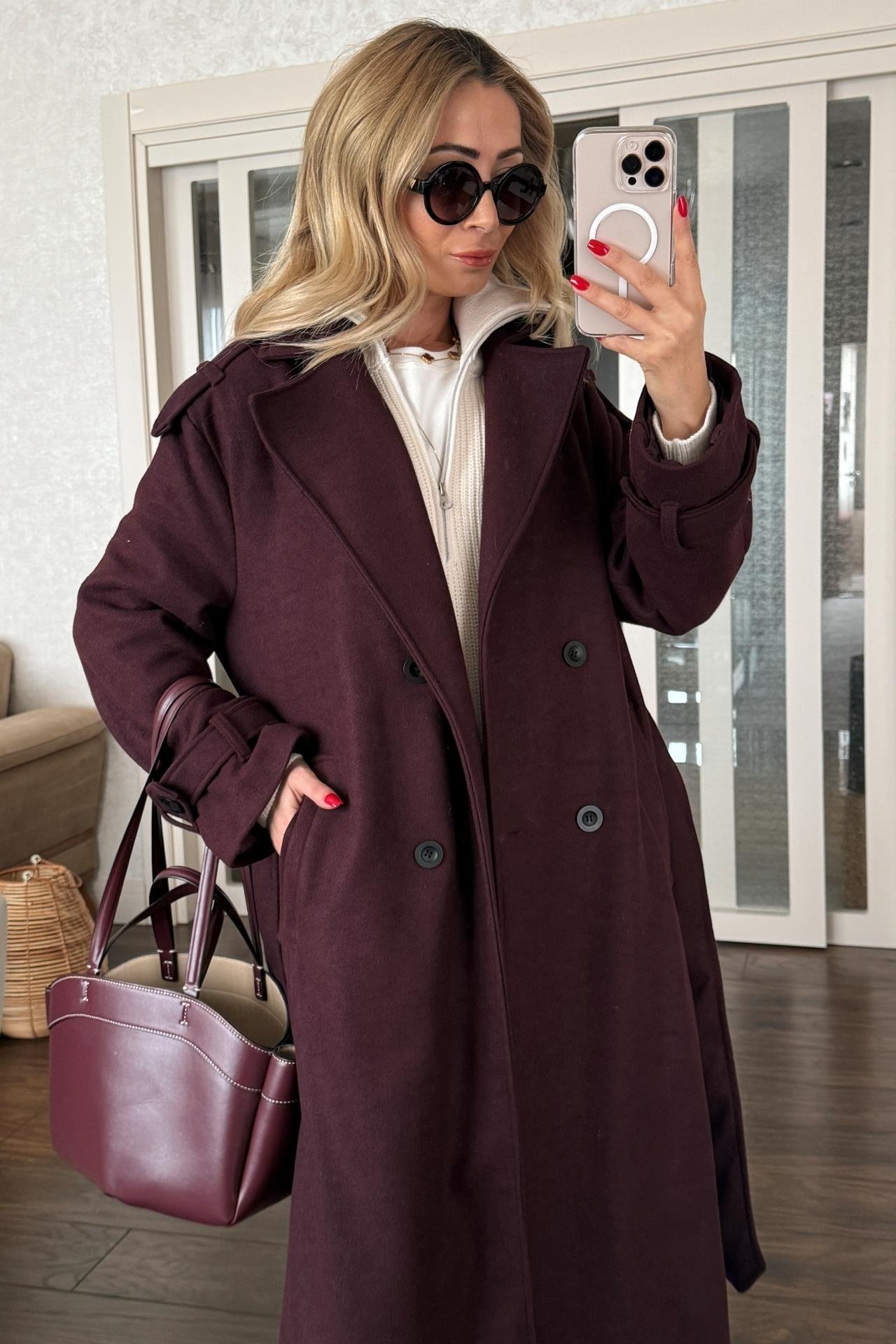 Bordo Kuşaklı Kaşe Kaban KABAN