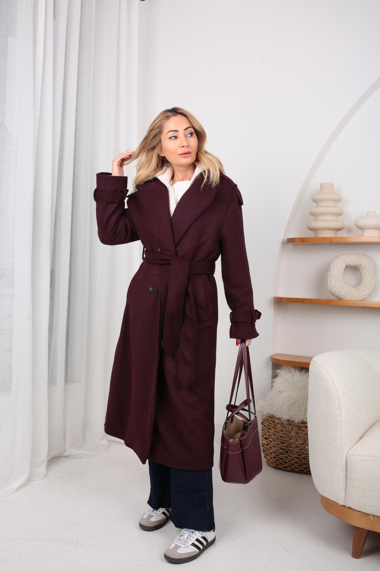 Bordo Kuşaklı Kaşe Kaban KABAN