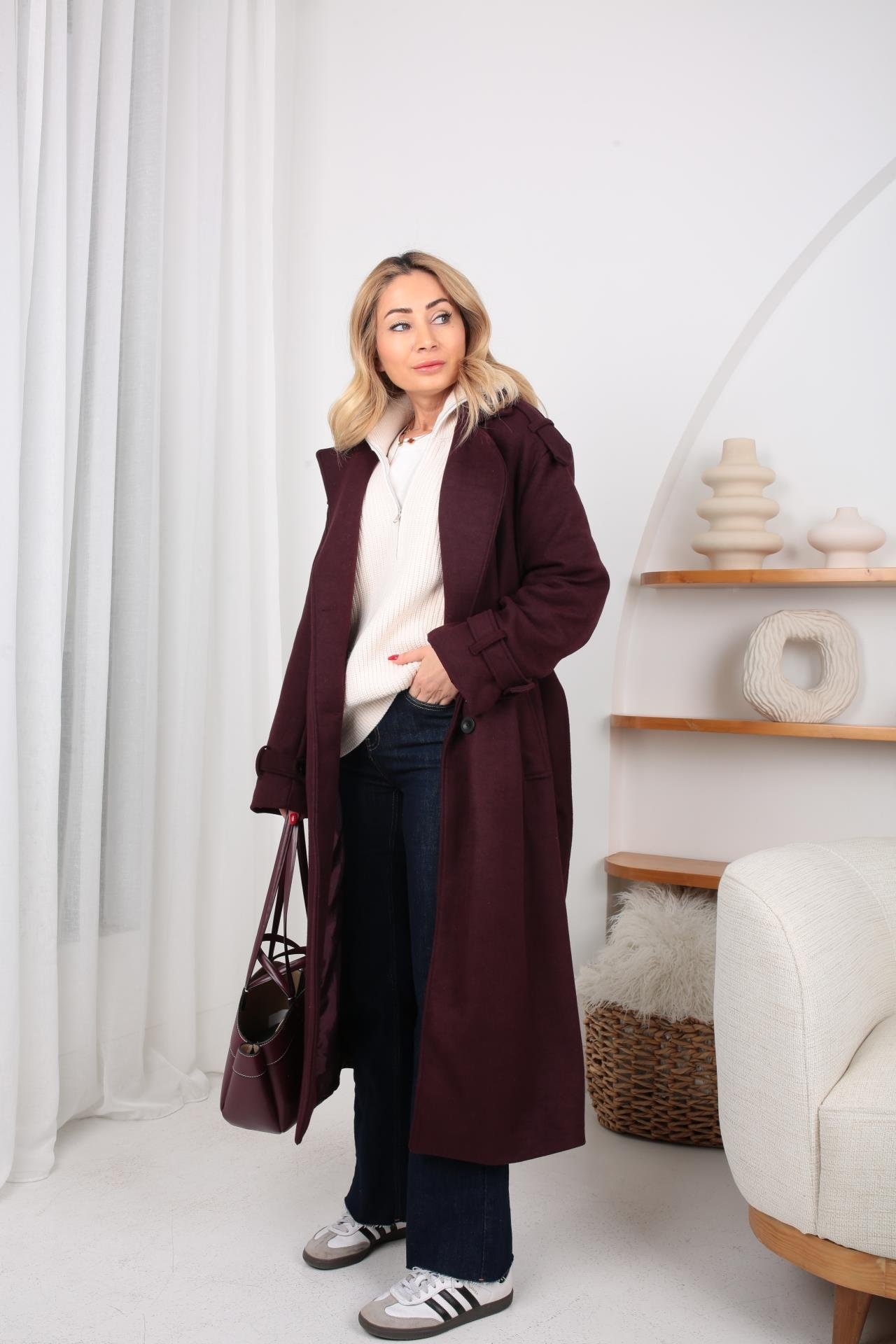 Bordo Kuşaklı Kaşe Kaban KABAN