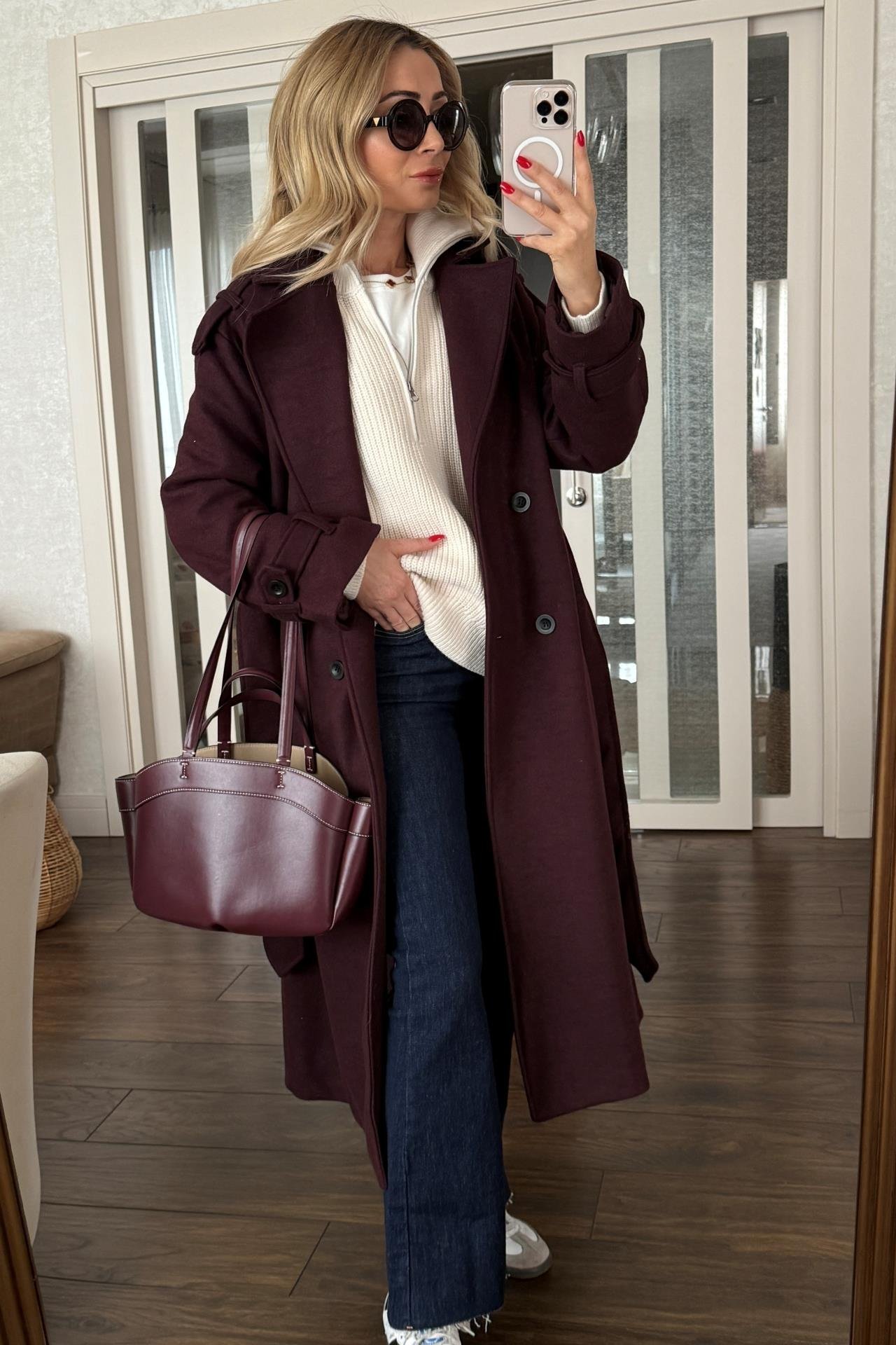 Bordo Kuşaklı Kaşe Kaban KABAN