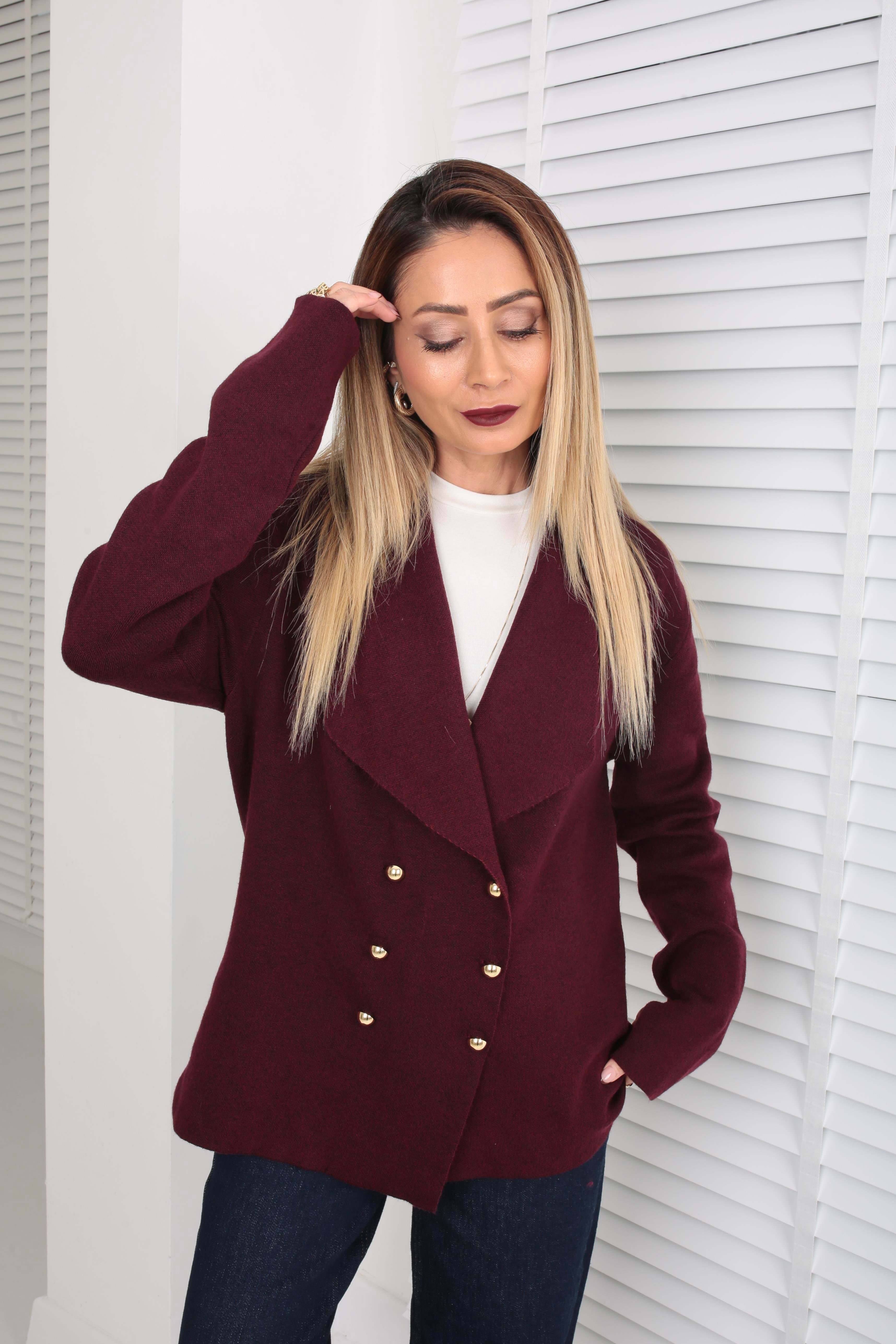 Bordo Şal Yaka Gold Düğmeli Hırka HIRKA