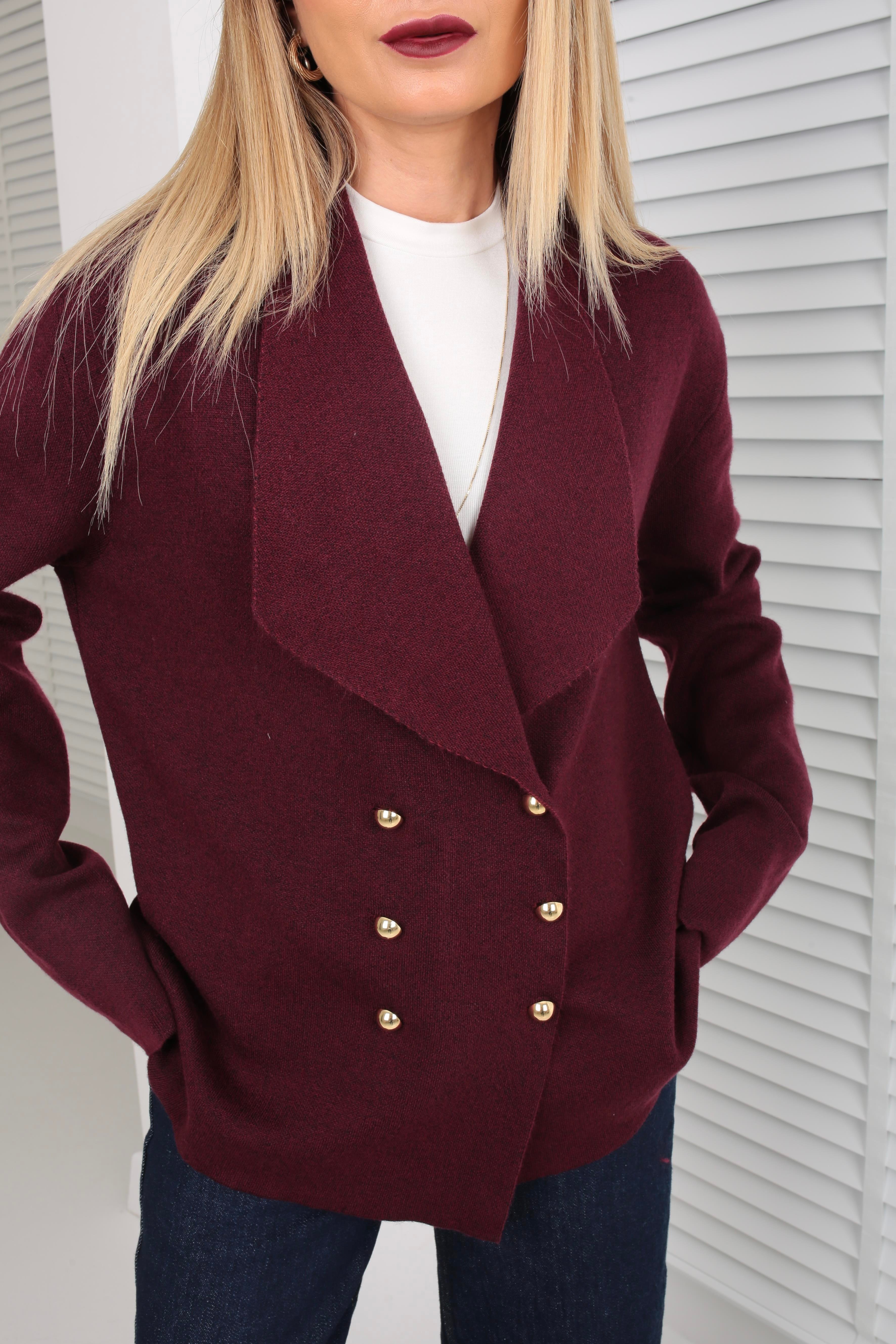 Bordo Şal Yaka Gold Düğmeli Hırka HIRKA