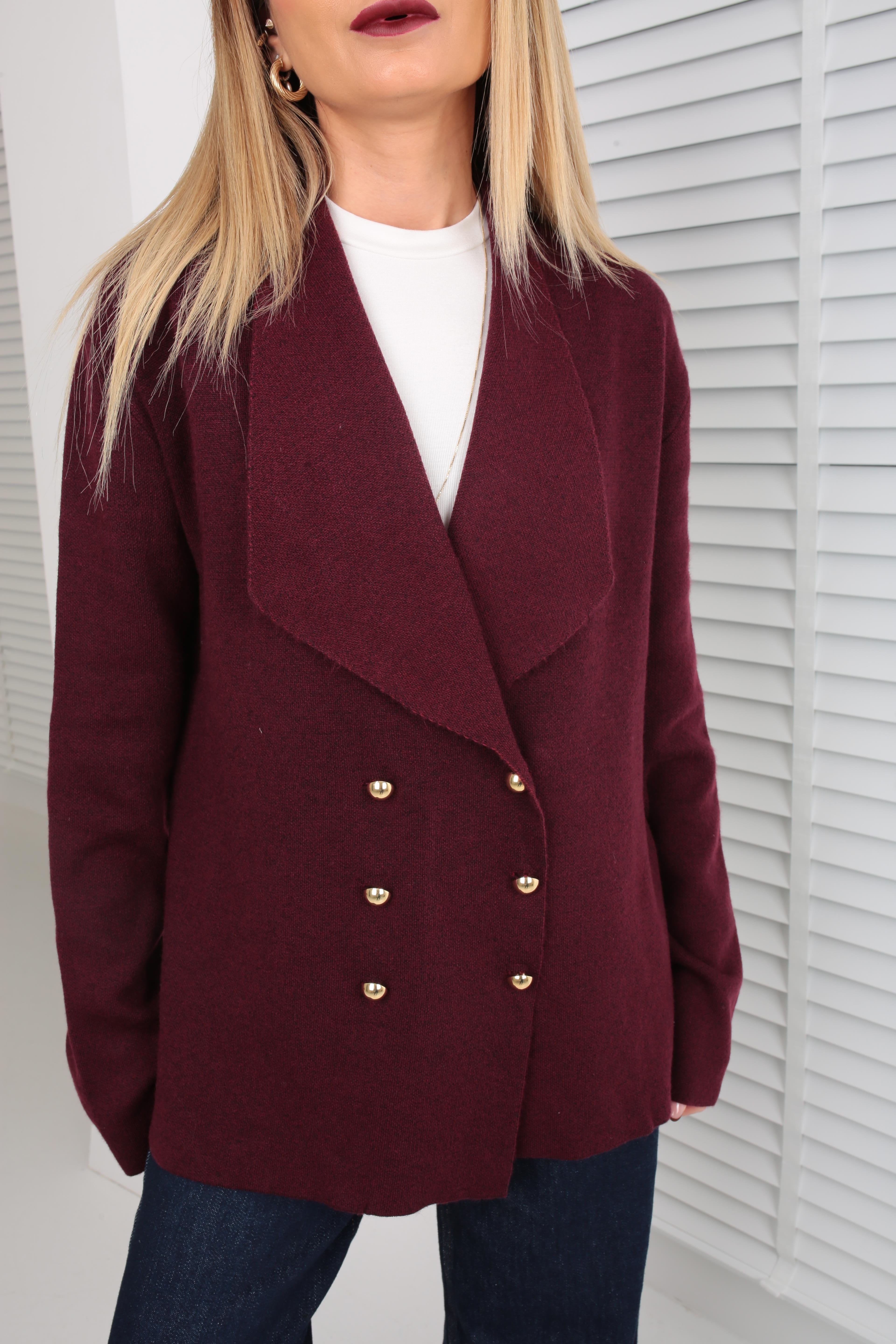 Bordo Şal Yaka Gold Düğmeli Hırka HIRKA