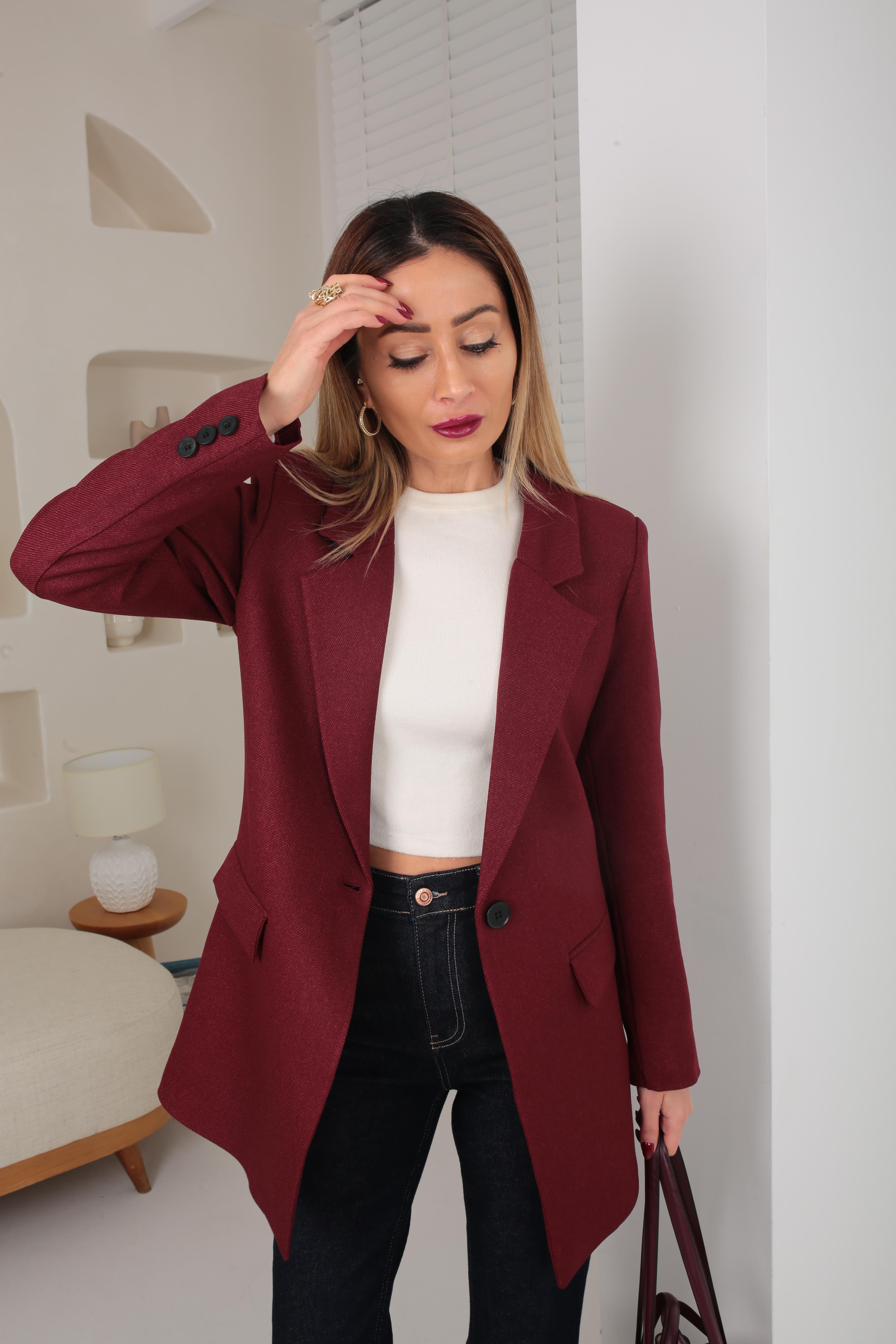Bordo Yün Efektli Tek Düğme Blazre Ceket CEKET