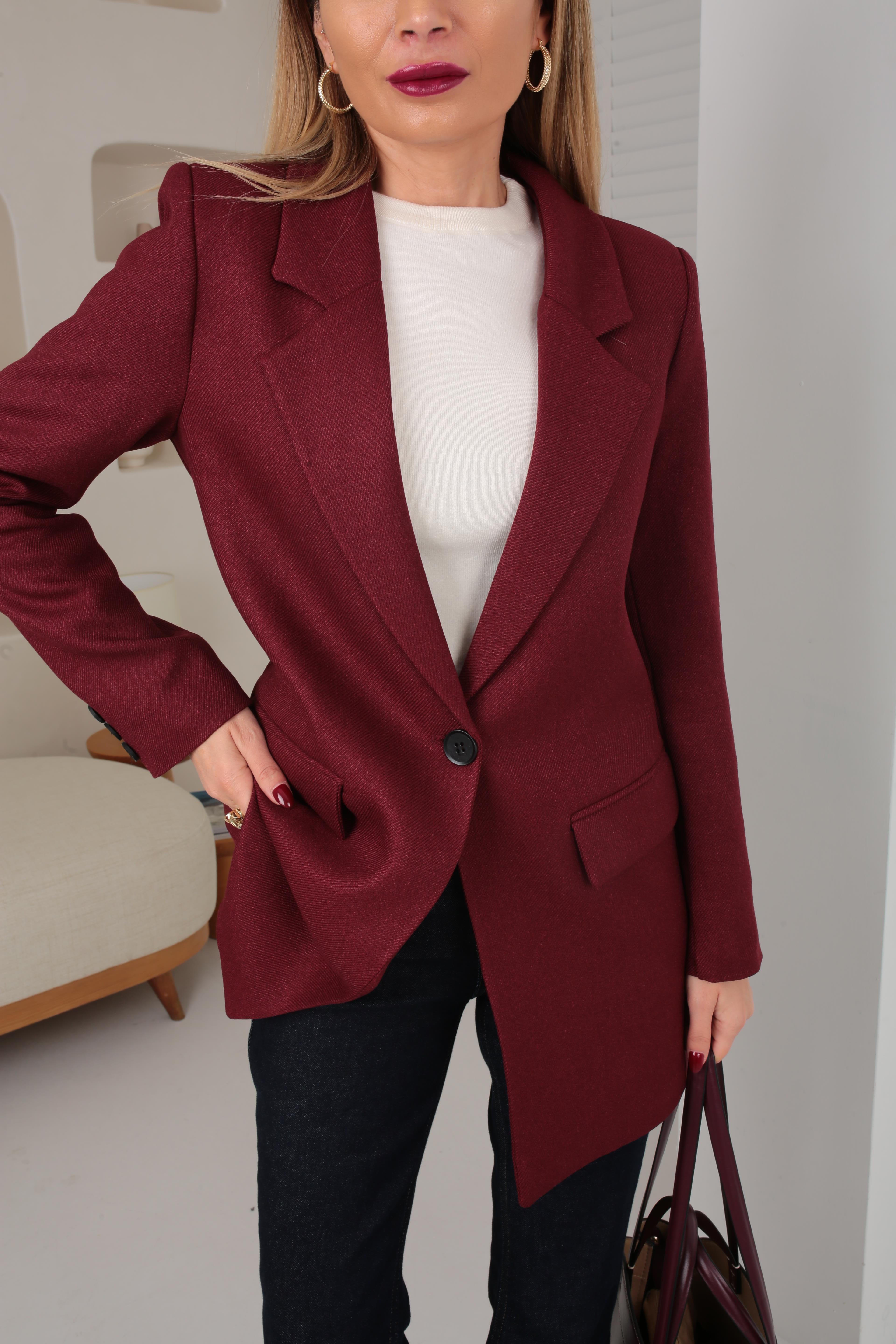 Bordo Yün Efektli Tek Düğme Blazre Ceket CEKET