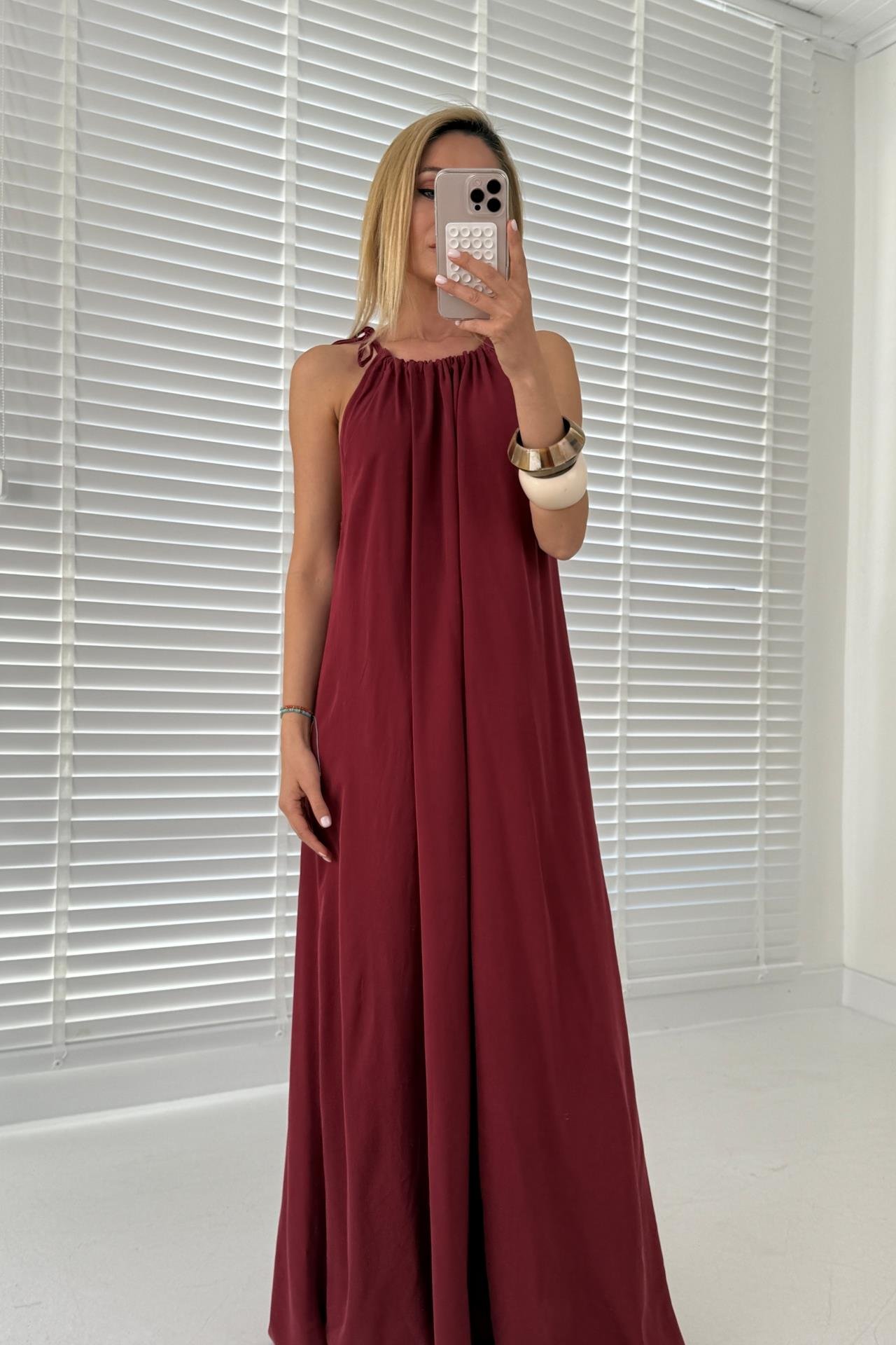 Boyundan Bağlamalı Bordo Uzun Elbise ELBİSE | NO33