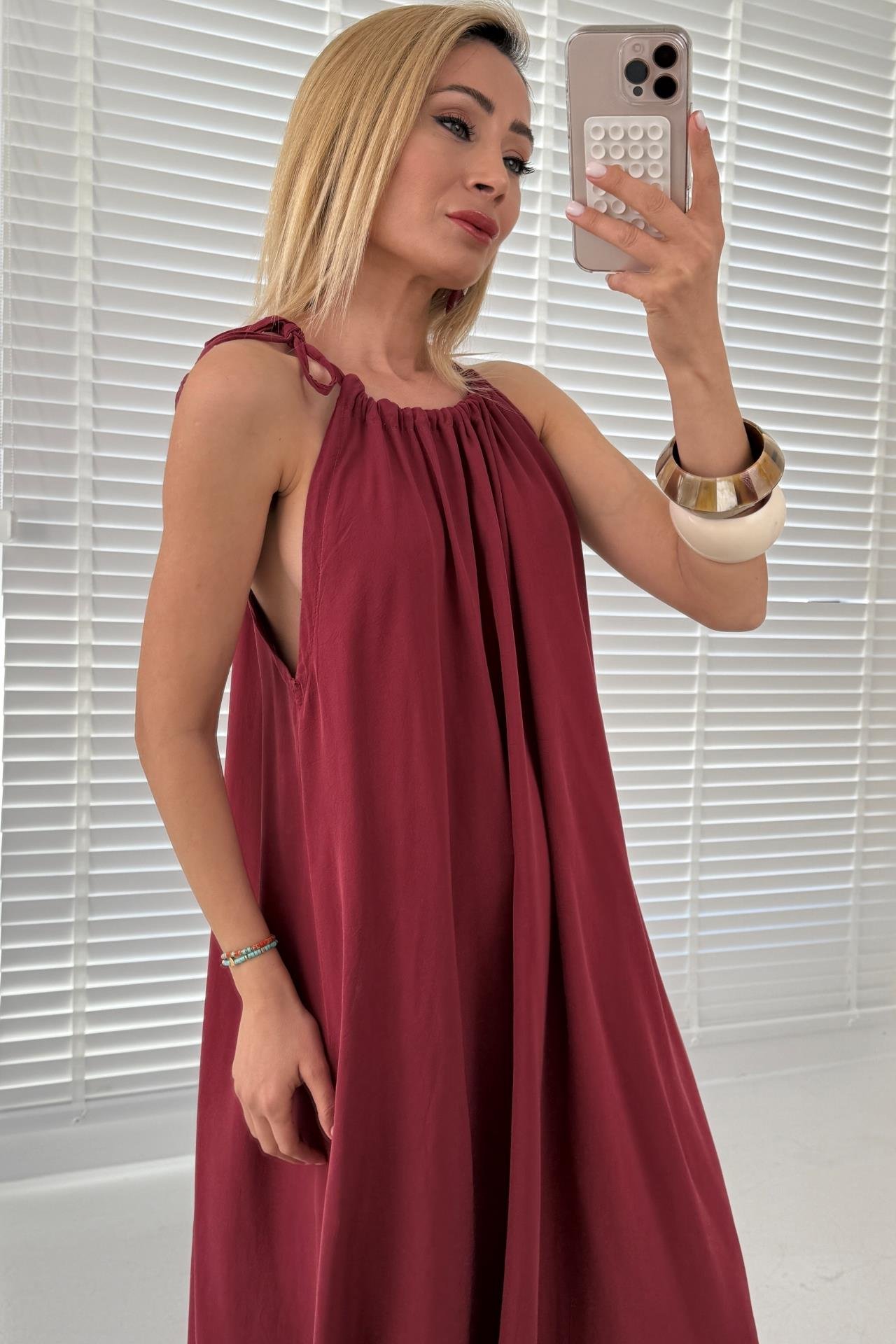 Boyundan Bağlamalı Bordo Uzun Elbise ELBİSE | NO33