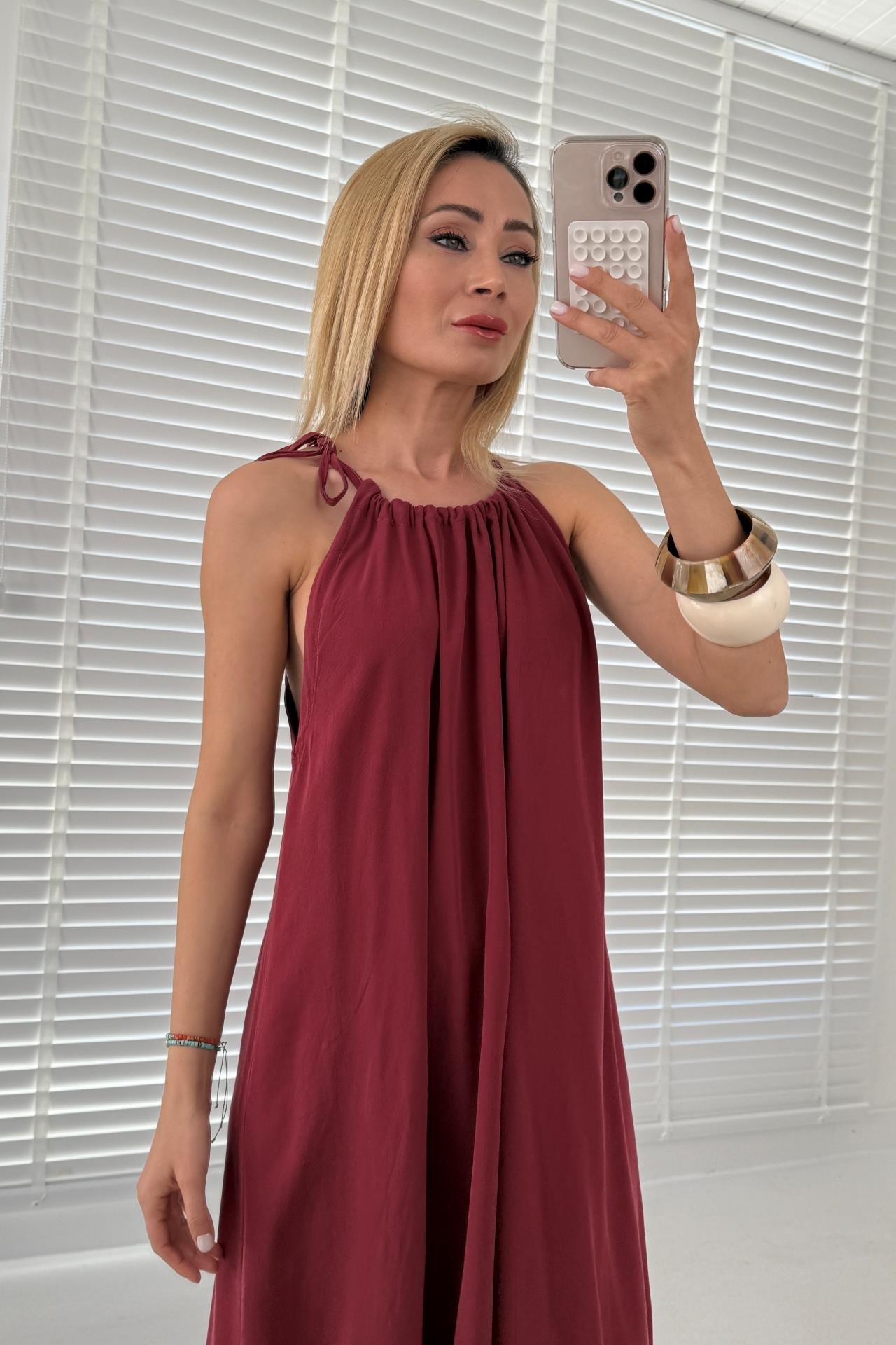 Boyundan Bağlamalı Bordo Uzun Elbise ELBİSE | NO33