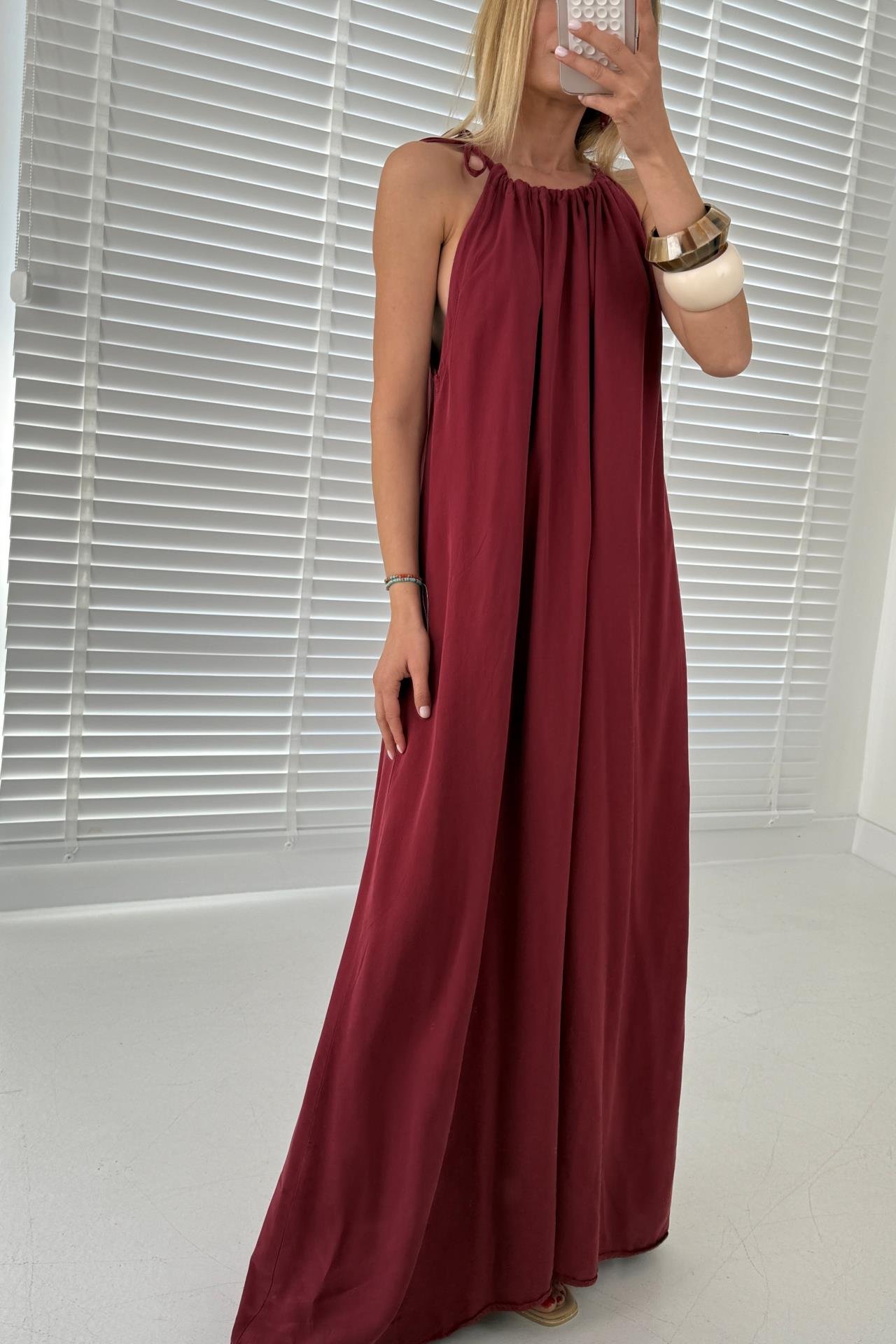 Boyundan Bağlamalı Bordo Uzun Elbise ELBİSE | NO33