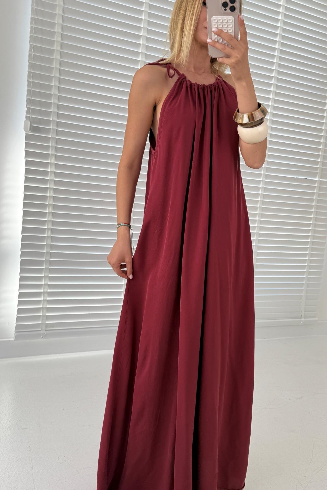 Boyundan Bağlamalı Bordo Uzun Elbise ELBİSE | NO33