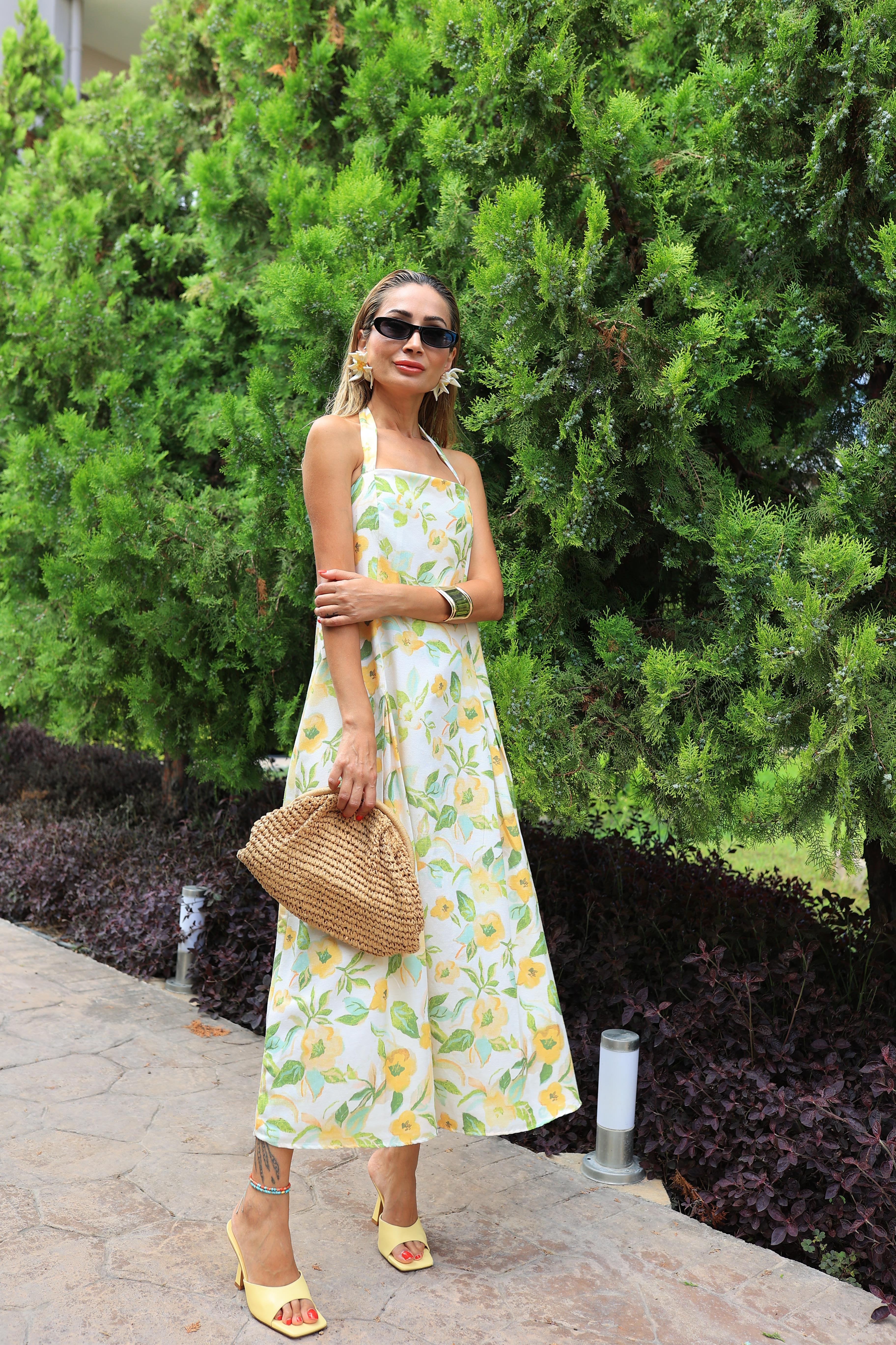 Boyundan Bağlamalı Sarı Çiçekli Keten Elbise ELBİSE | NO33