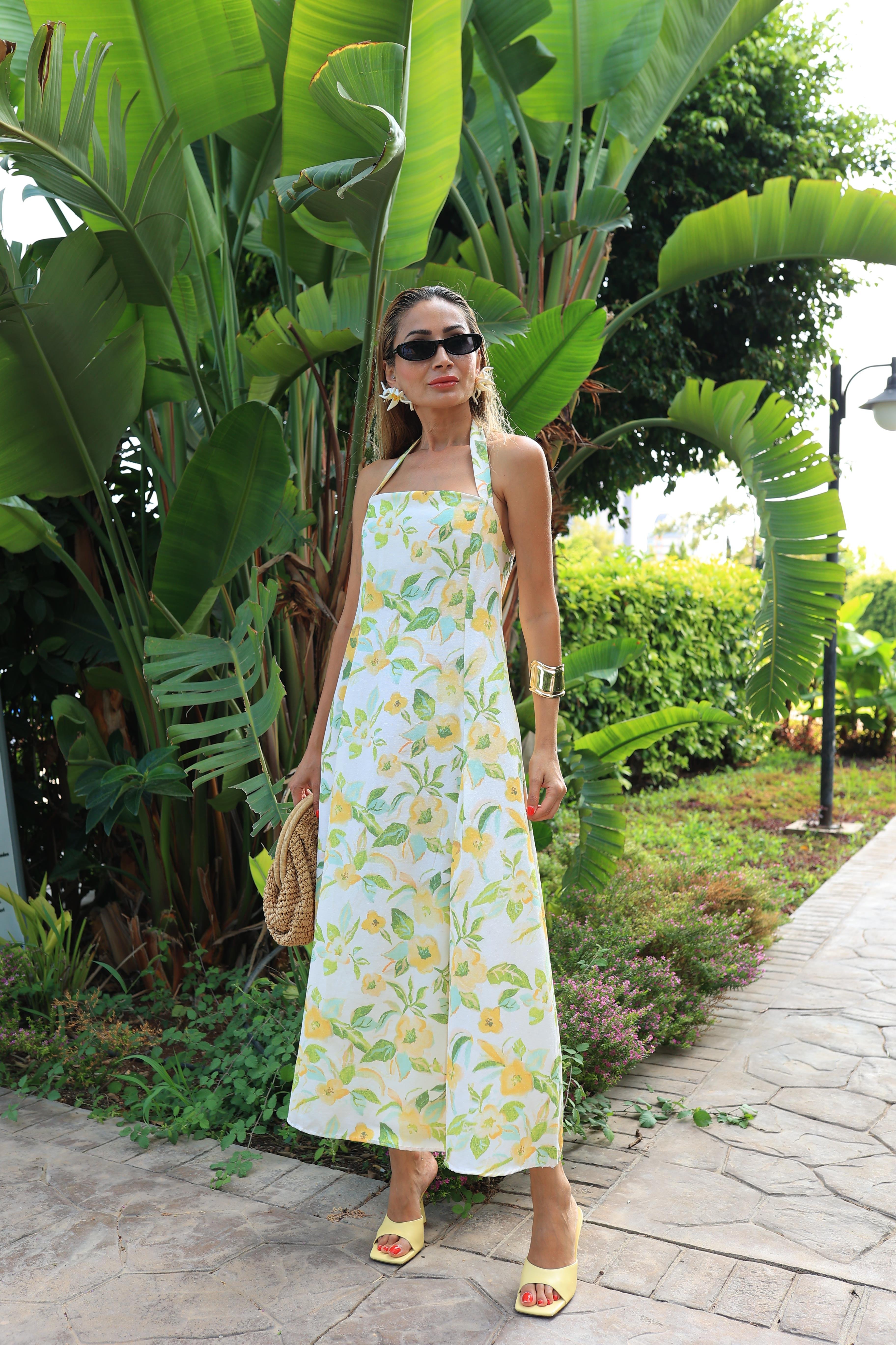 Boyundan Bağlamalı Sarı Çiçekli Keten Elbise ELBİSE | NO33